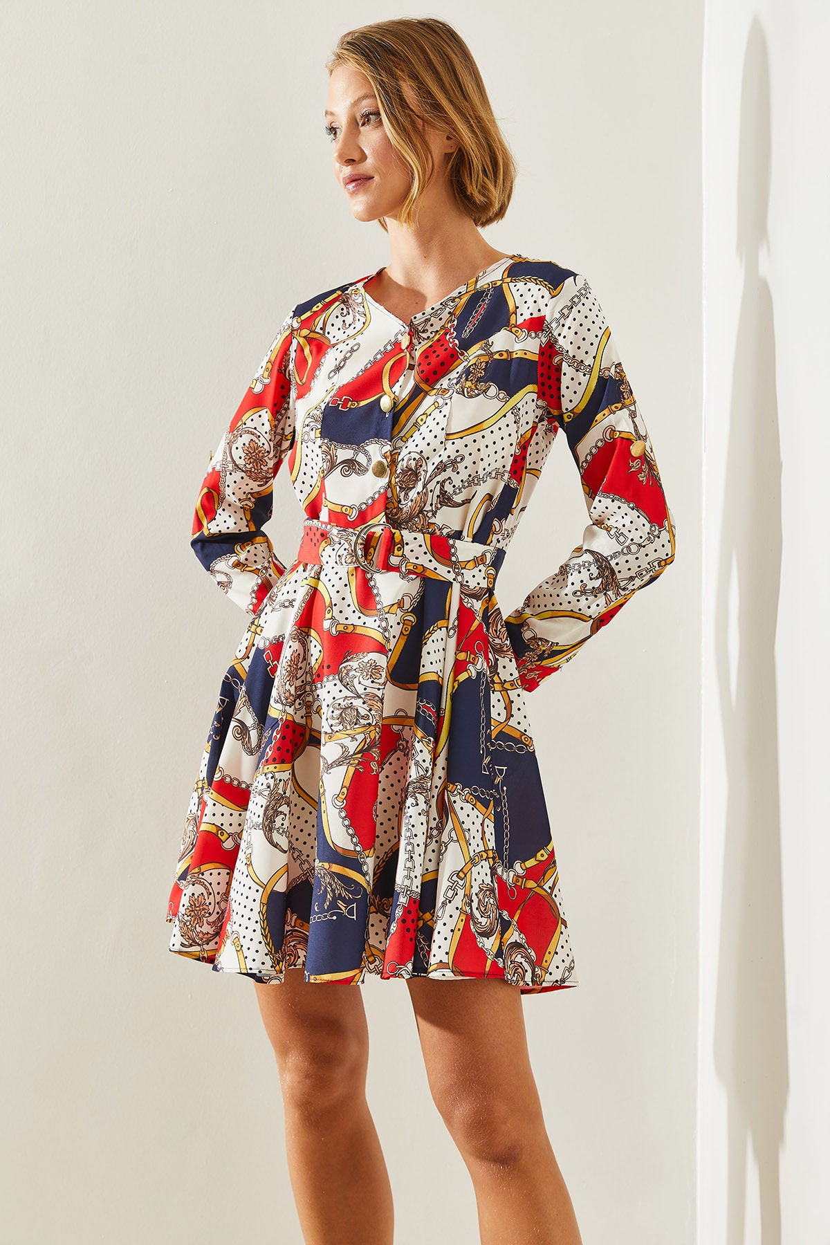 Women's V-Neck Button Detailed Chain Patterned Belted Dress 22127 60251609