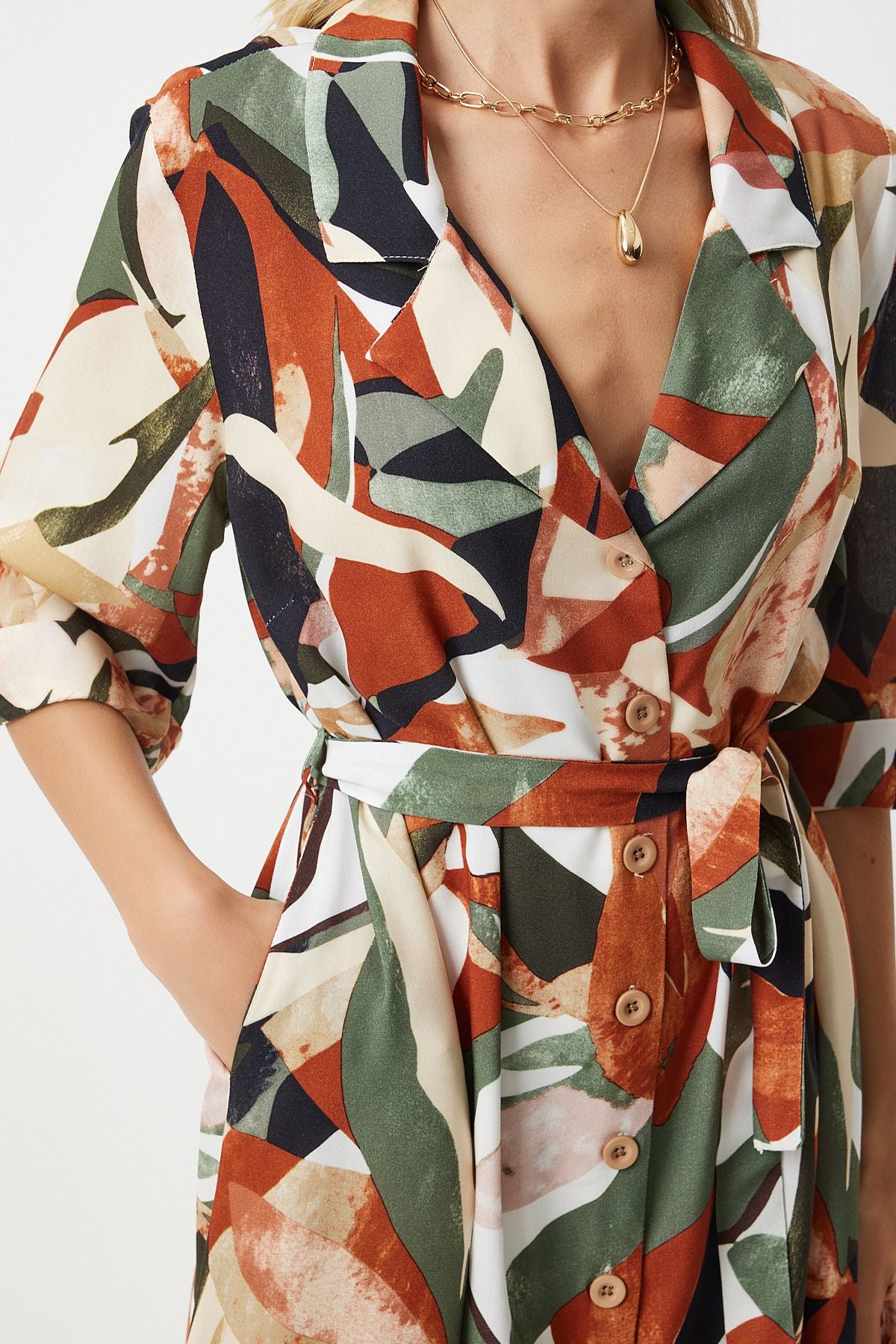 Female Khaki Tile Patterned Summer Viscose Shirt Dress MX00166