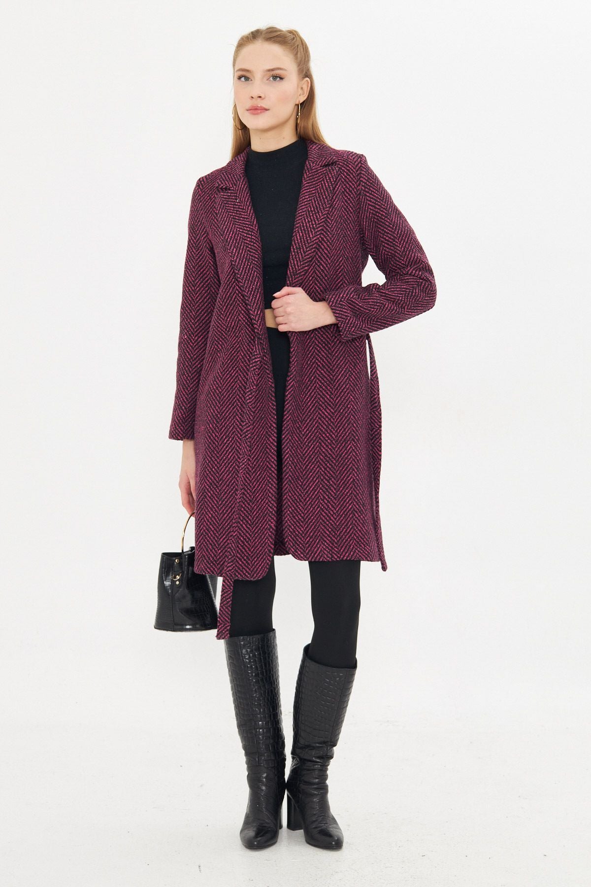 Women's Fuchsia side-binding fish back pattern long stamp coat ARM-24K001010