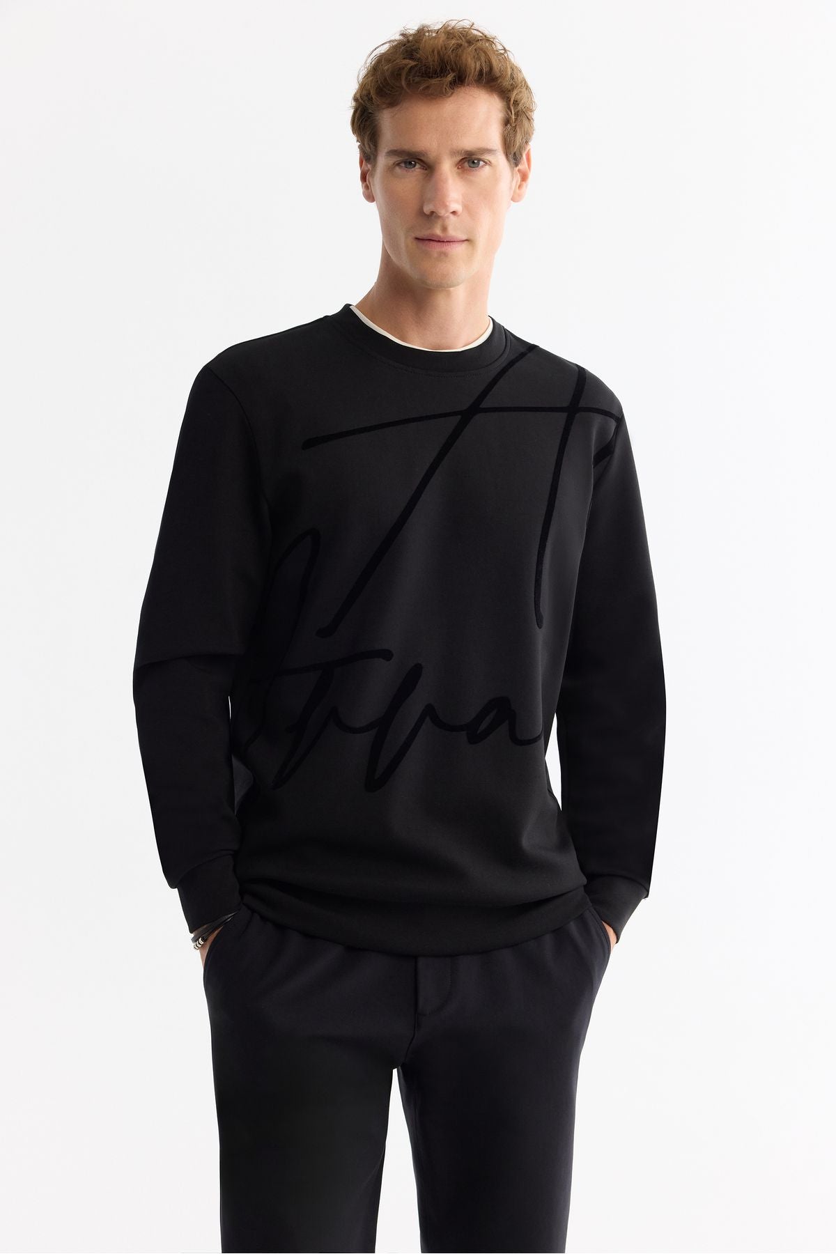 Men's black bike collar cotton printed elastan sweatshirt a42y1268