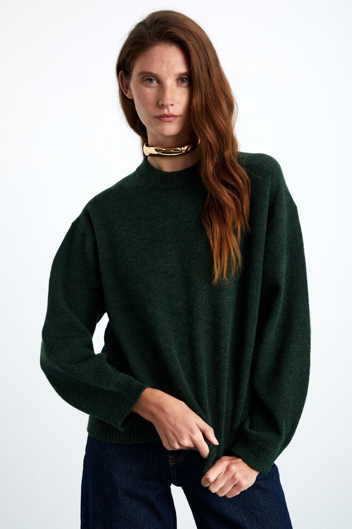 NANNA Female Acrylic-Poleryester Round Yaka Oversize knitwear dark green sweater