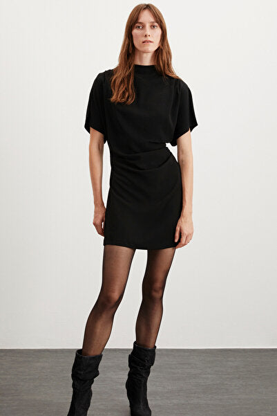 MAXINE Women's Drape Detailed, Off-the-Shoulder, Flexible Crepe Knitted Fabric Mini Black Dress Sitting From The Waist Down