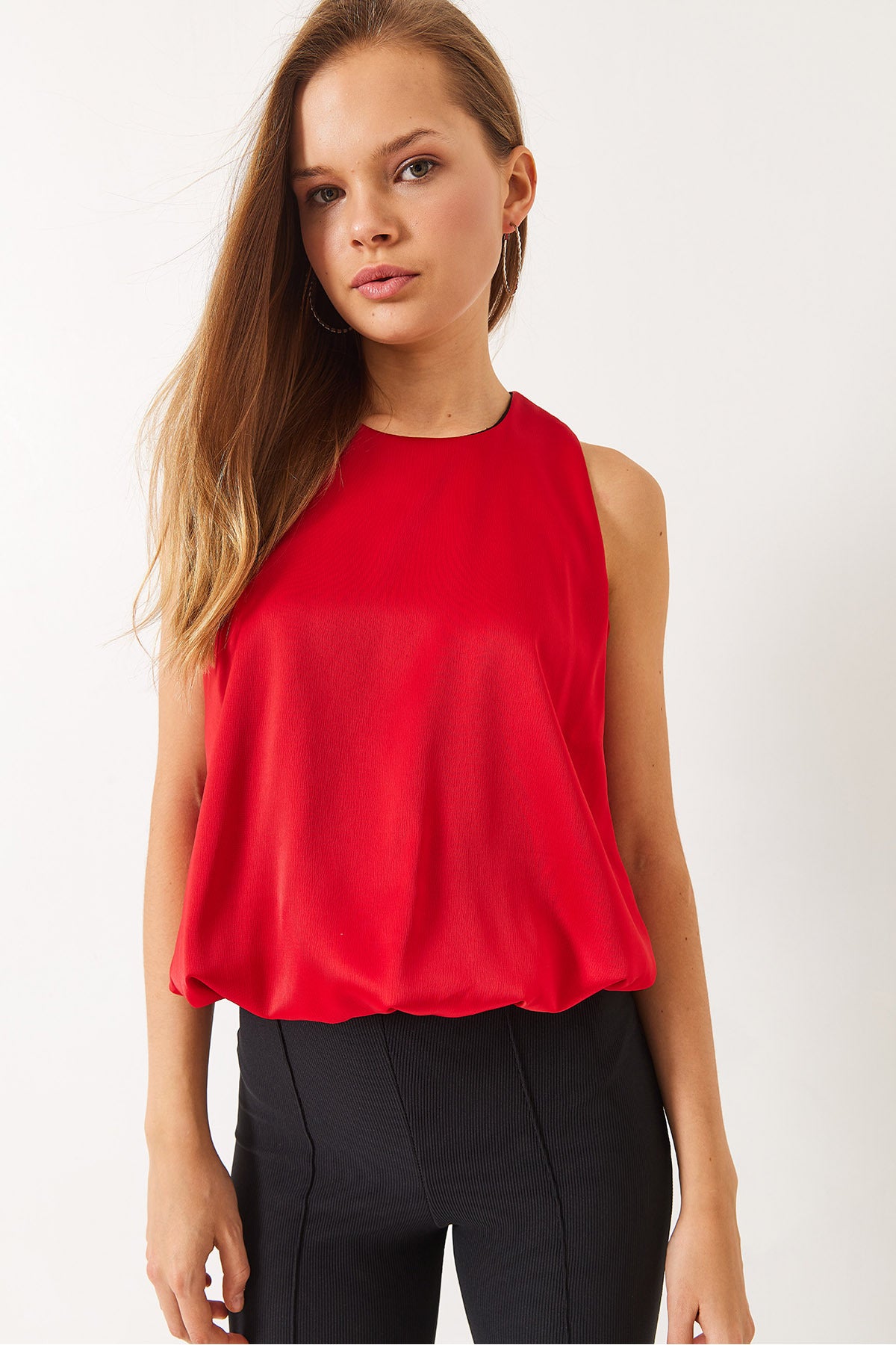 Women's Balloon Satin Blouse with Elastic Hem 60283004