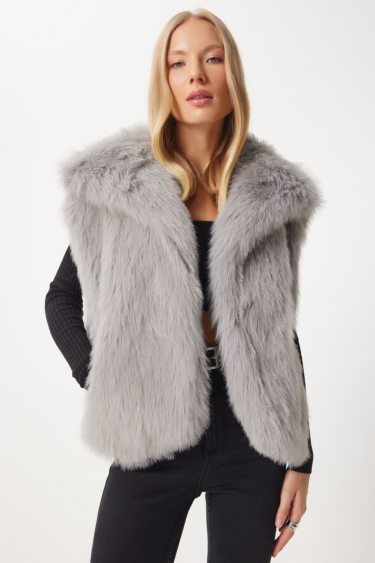 Women's Stone Gray Artificial Fur Vest YL00003