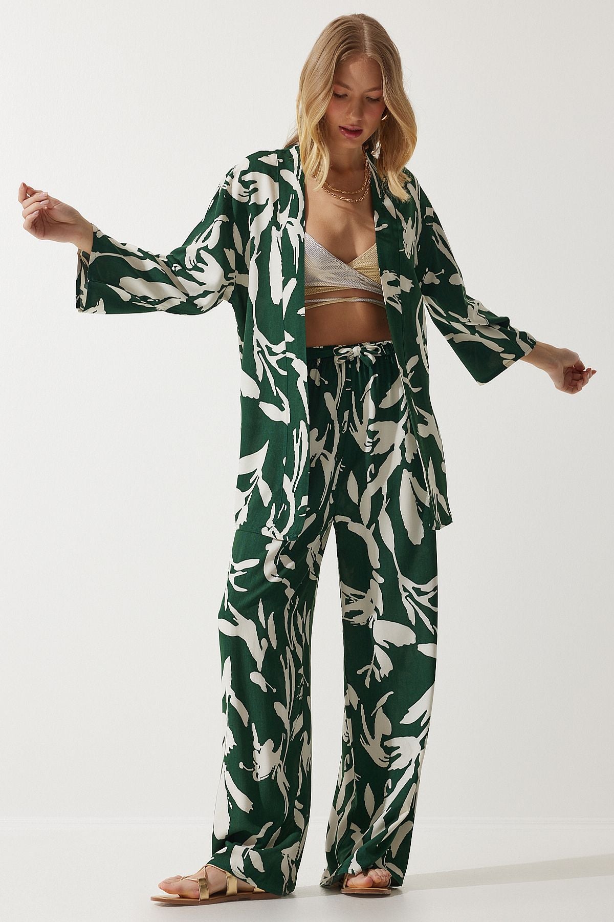 Women's Green Patterned Kimono Palazzo Pants Set EN00614