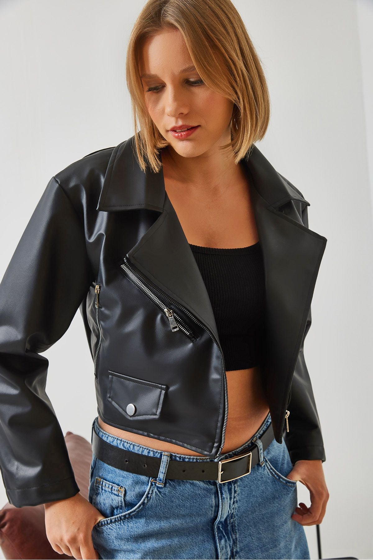 Female asymmetric zipper detail leather jacket 2486 60351271