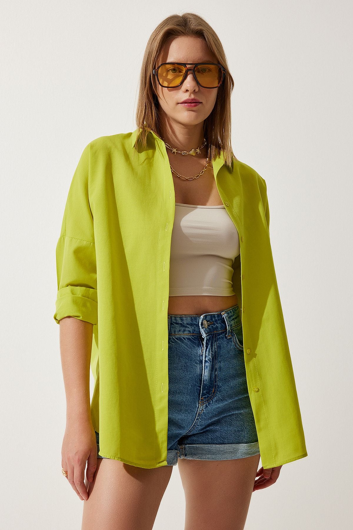 Female Fat Green Oversize Long Basic Shirt DD00842