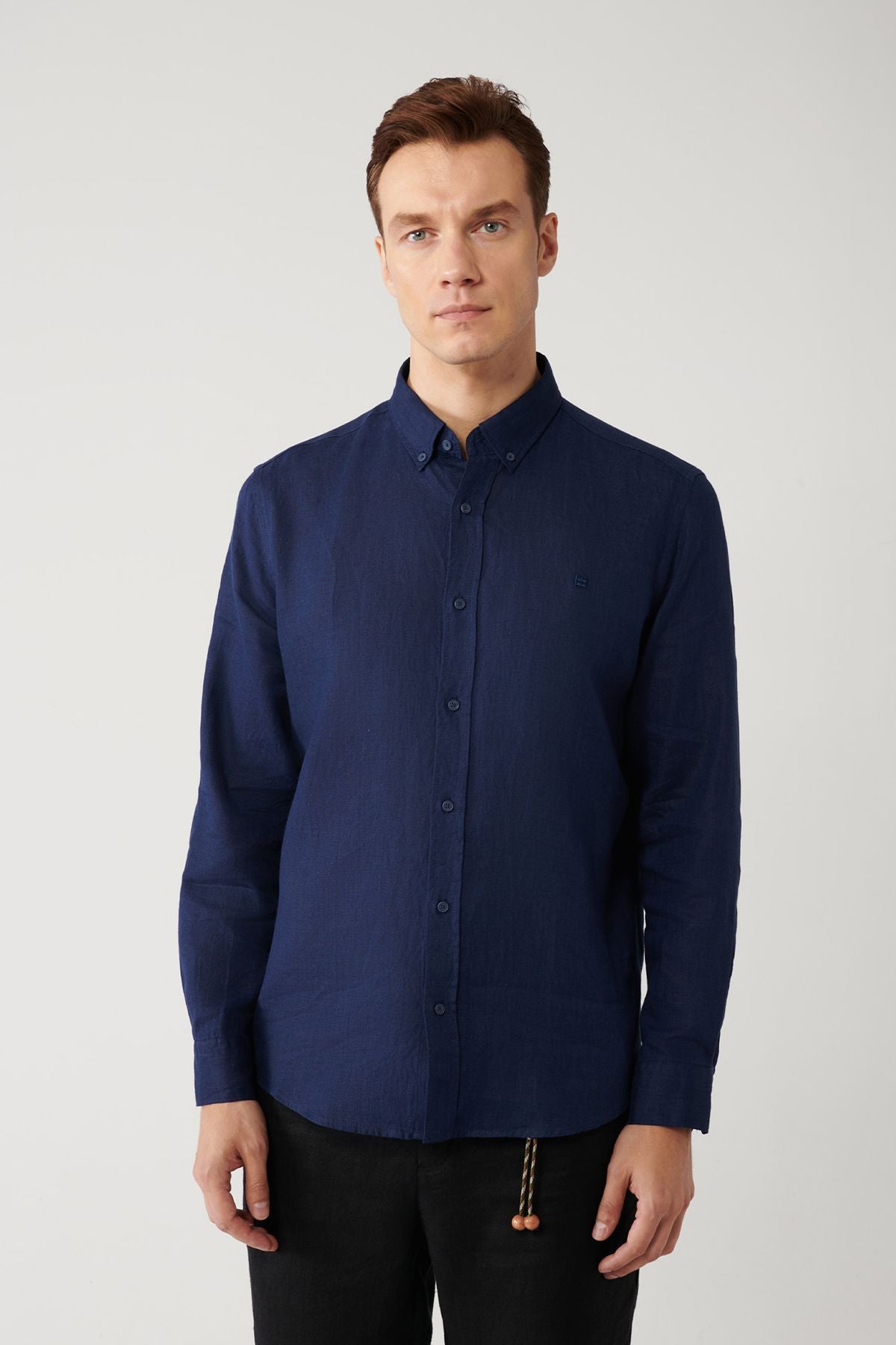 Men's Navy Blind 100 %Linen Buttoned Neck Shirt B002191