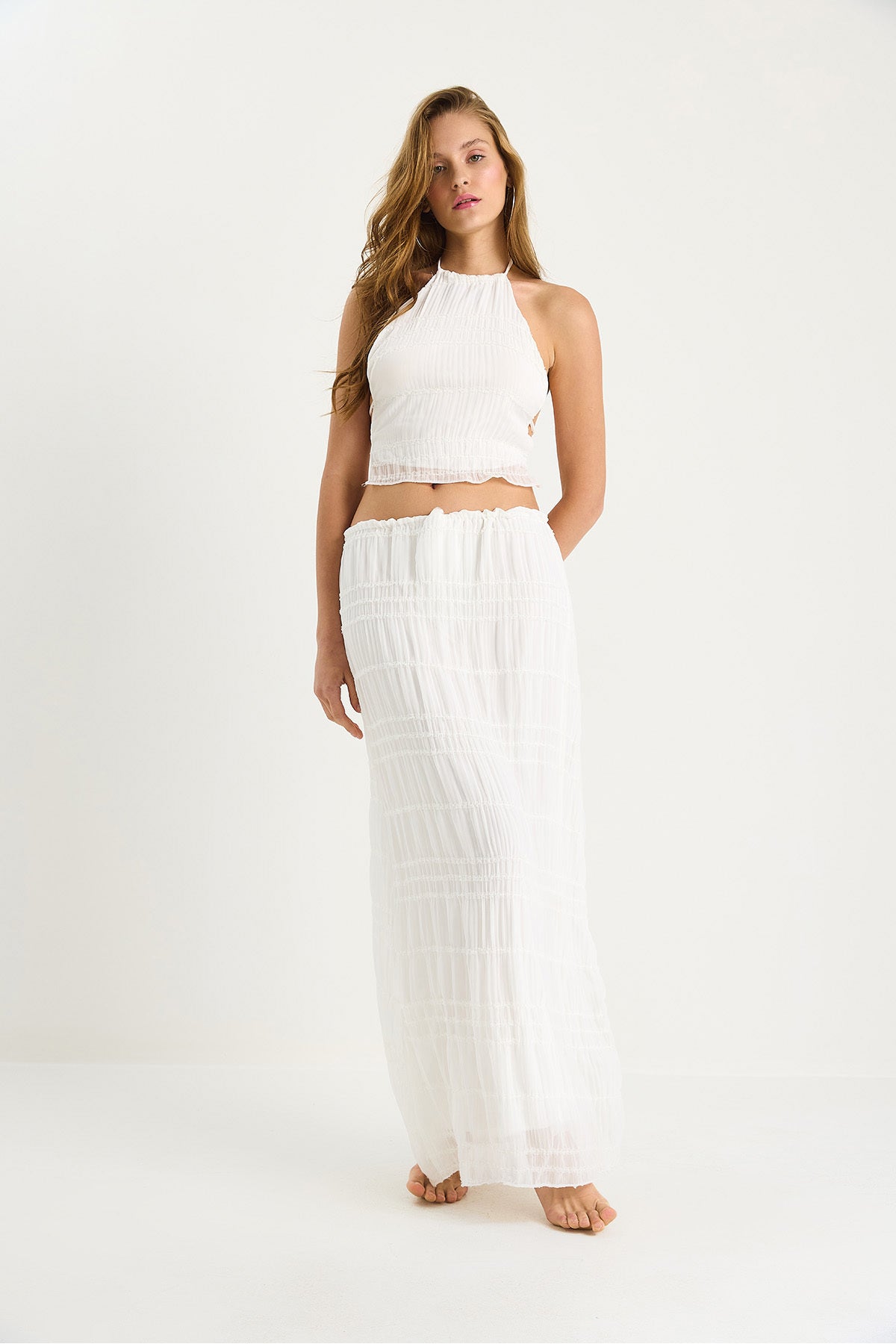 Women's Back Detailed Crop Blouse Lined Pleated Skirt Set 9542 60283444