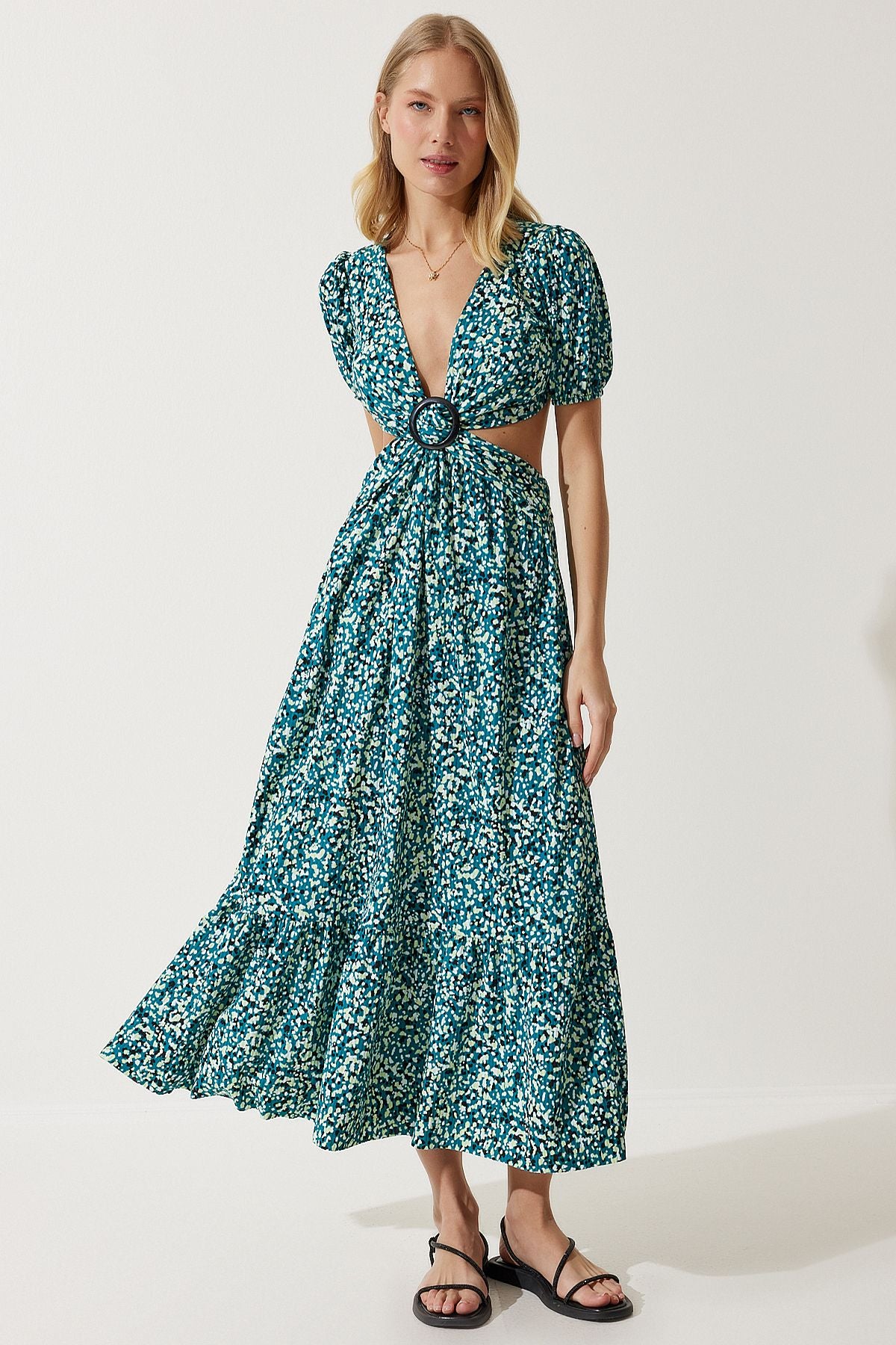 Female Green Patterned Window Detailed Flip Knitting Dress MC00263
