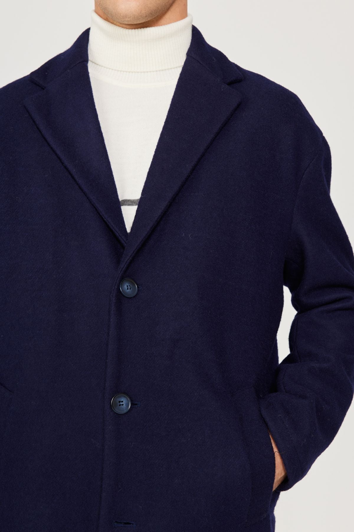Men's navy blue overwheeling mono collar woolen stamp coat