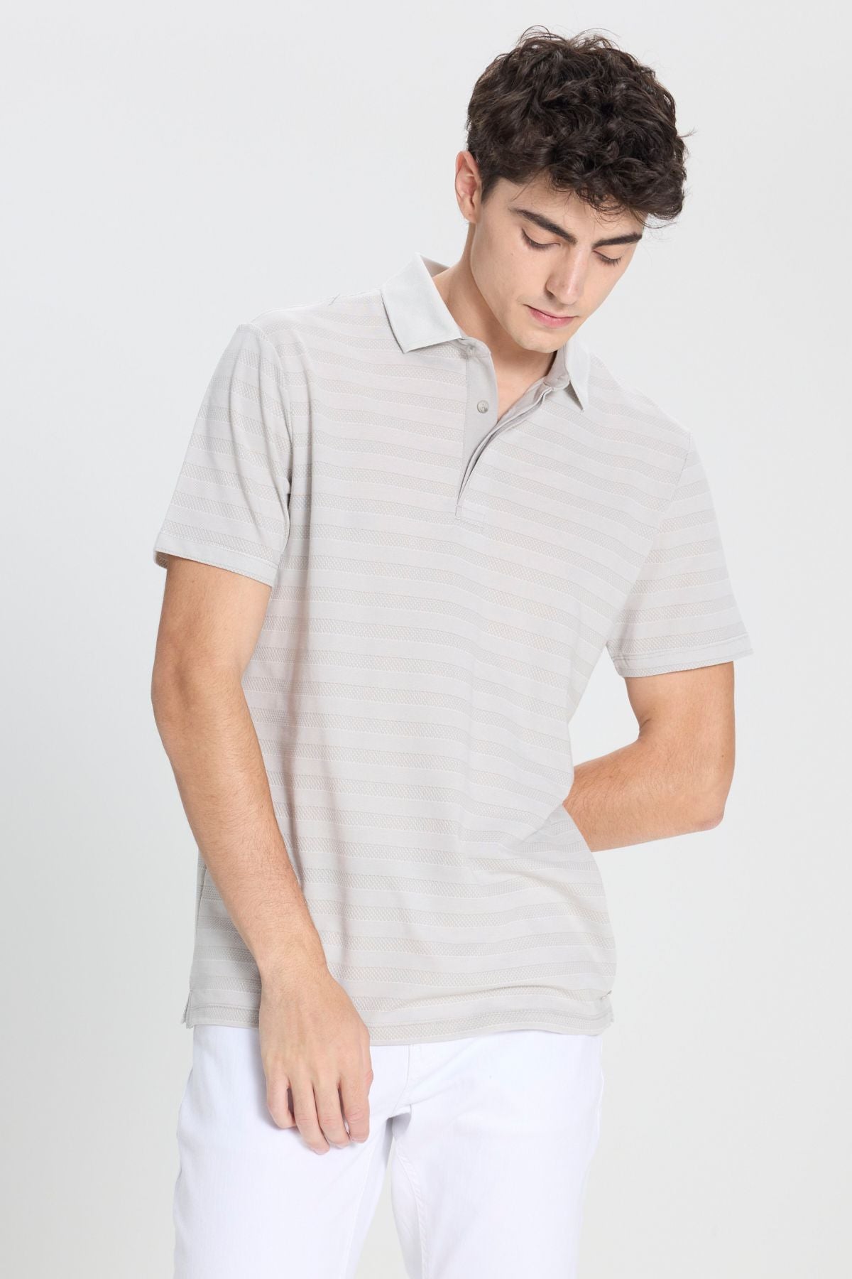 Men's gray slim fit narrow cut polo collar striped T -shirt