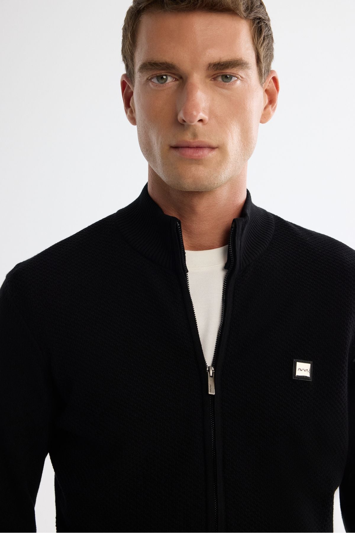 Men's black upright collar zipper front textured soft touch knitwear cardigan A42y5143