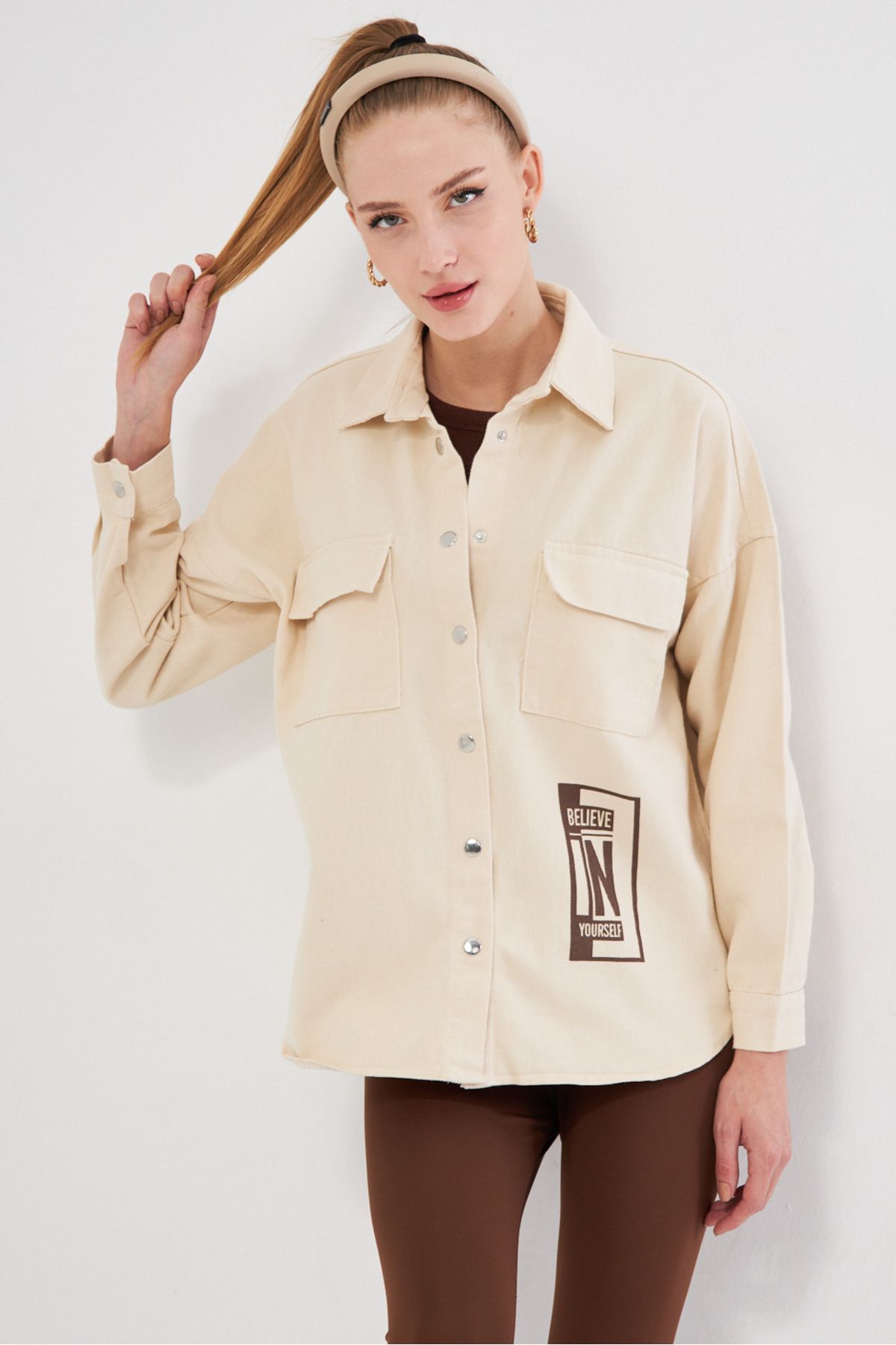 Female Stone Back Stone Printed Pocket Shirt Jacket ARM-25K025006