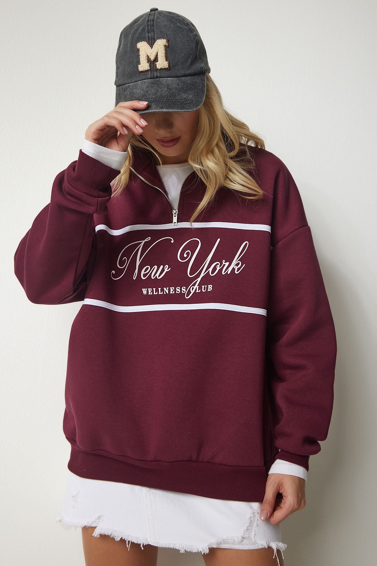 Female Bordeaux Zippered Neck Printed Sweatshirt UB00168