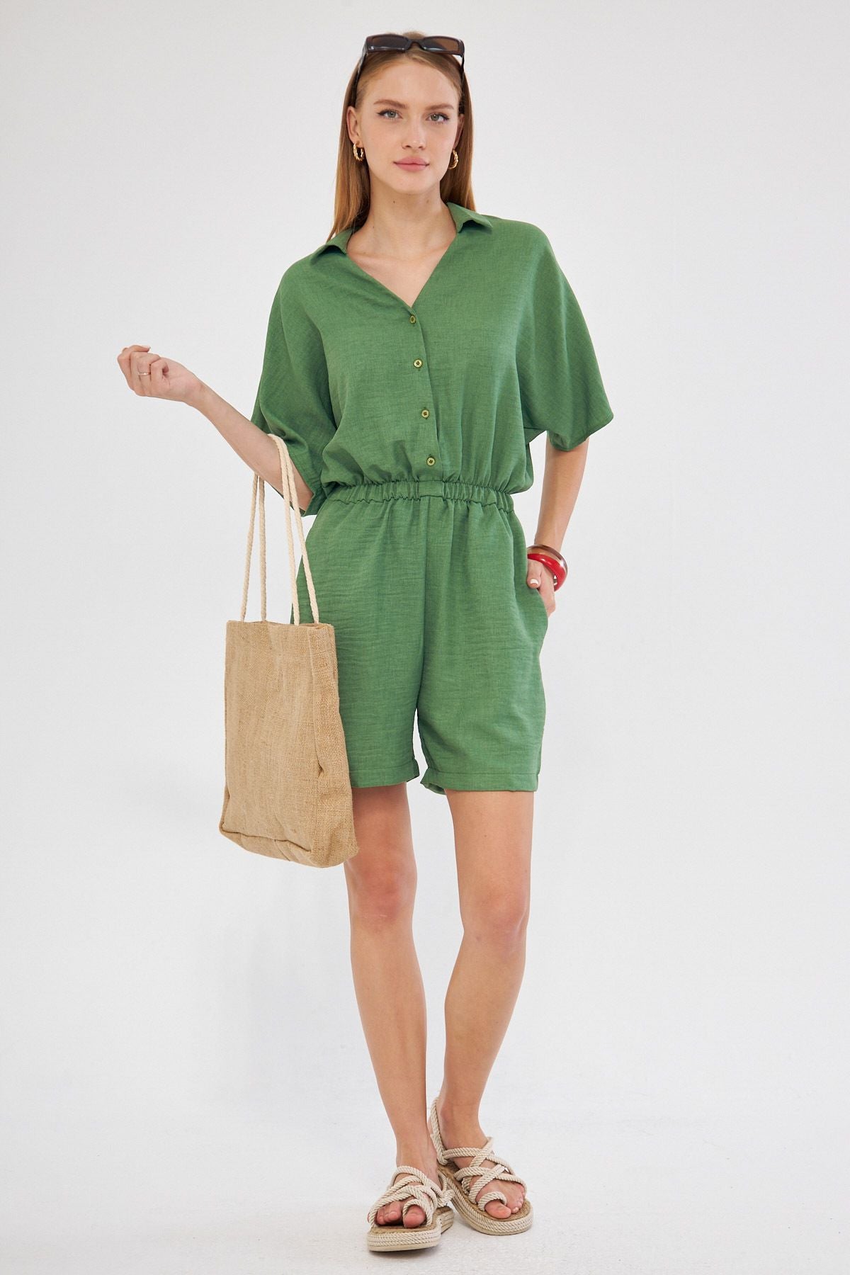 Female Green Shirt Cep Short Jumpsuit Arm-24Y001113