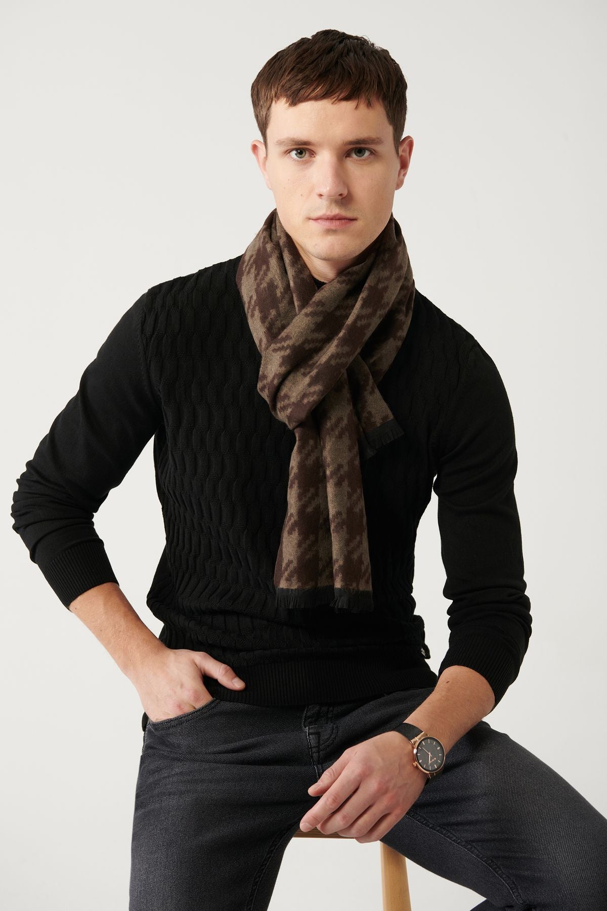 Men's black half fisherman collar cotton knitwear sweater E005106