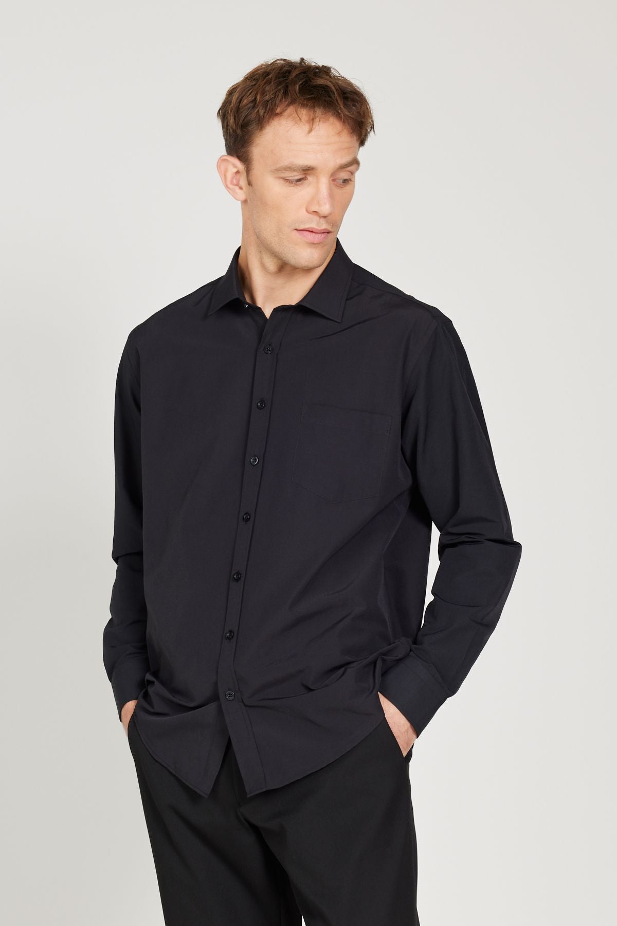 Men's Black Easy ironable Non-Iron Comfort Fit Wide Classic Classic Neck Shirt