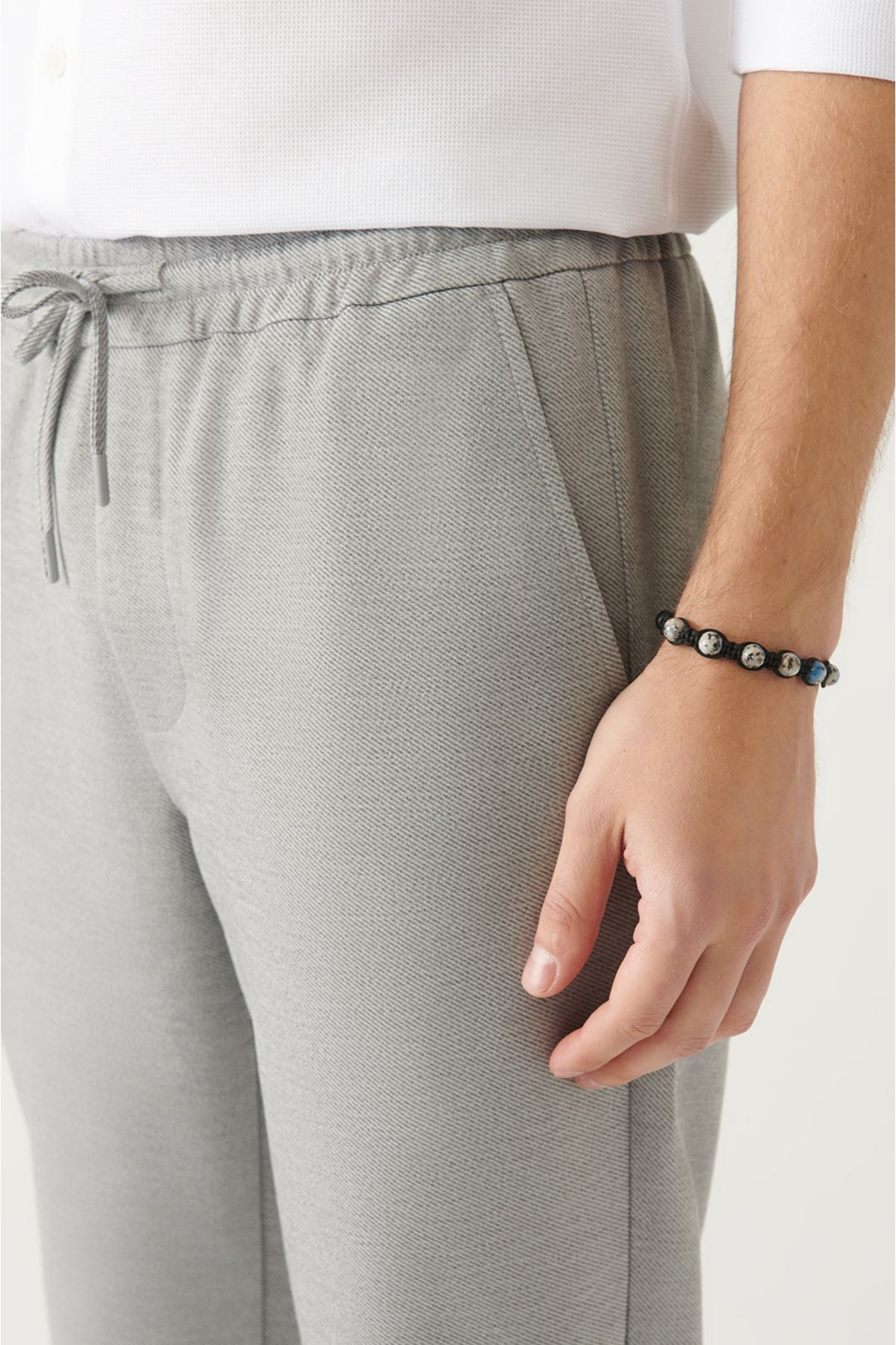 Men's Light Gray Jogger Pants with Side Pockets Woven Lace Up Relaxed Fit B003005