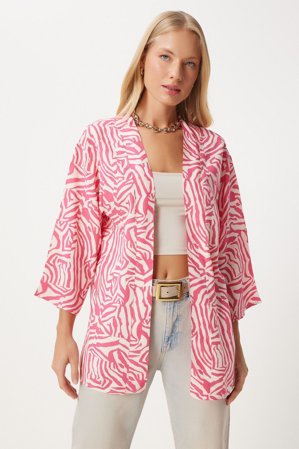 Female Pink Patterned Viscose Kimono EN00615
