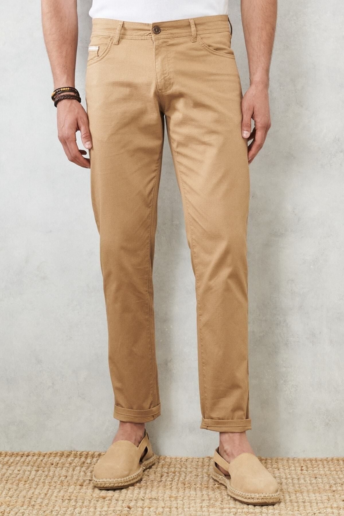 Men's Camel Slim Fit Narrow Cut 5 Pocket Flexible Chino Pants