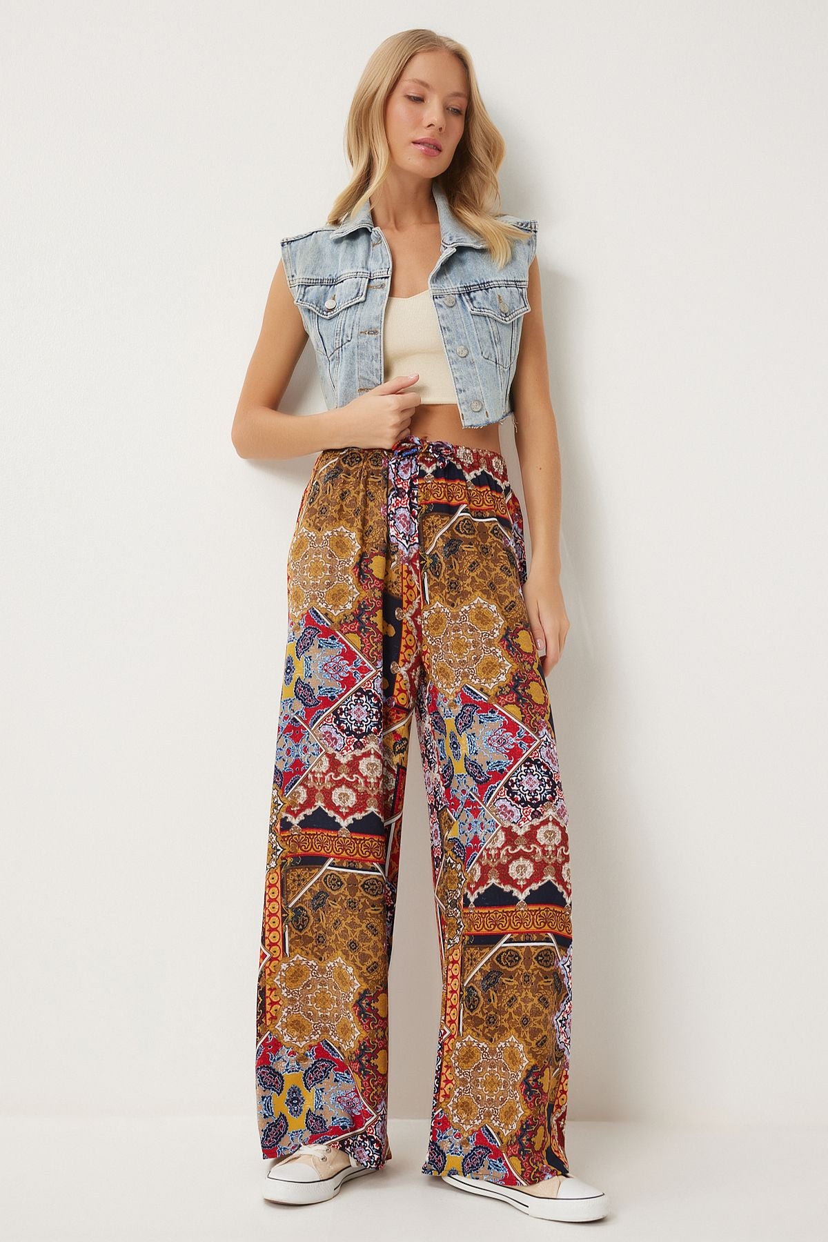 Female mustard tile pattern draped viscose palazzo pants EN00606