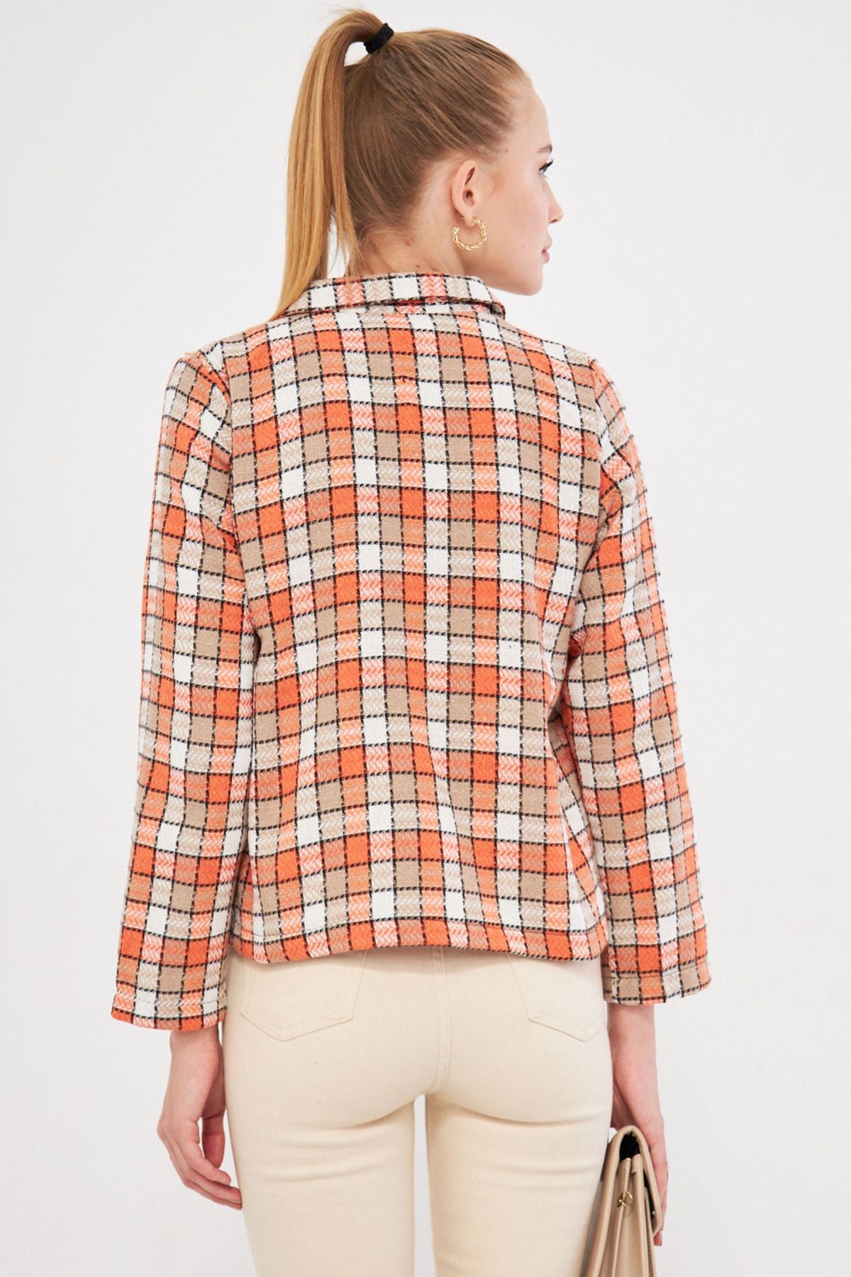 Women's Orange Patterned Pocket Cover Jacket ARM-25K001038