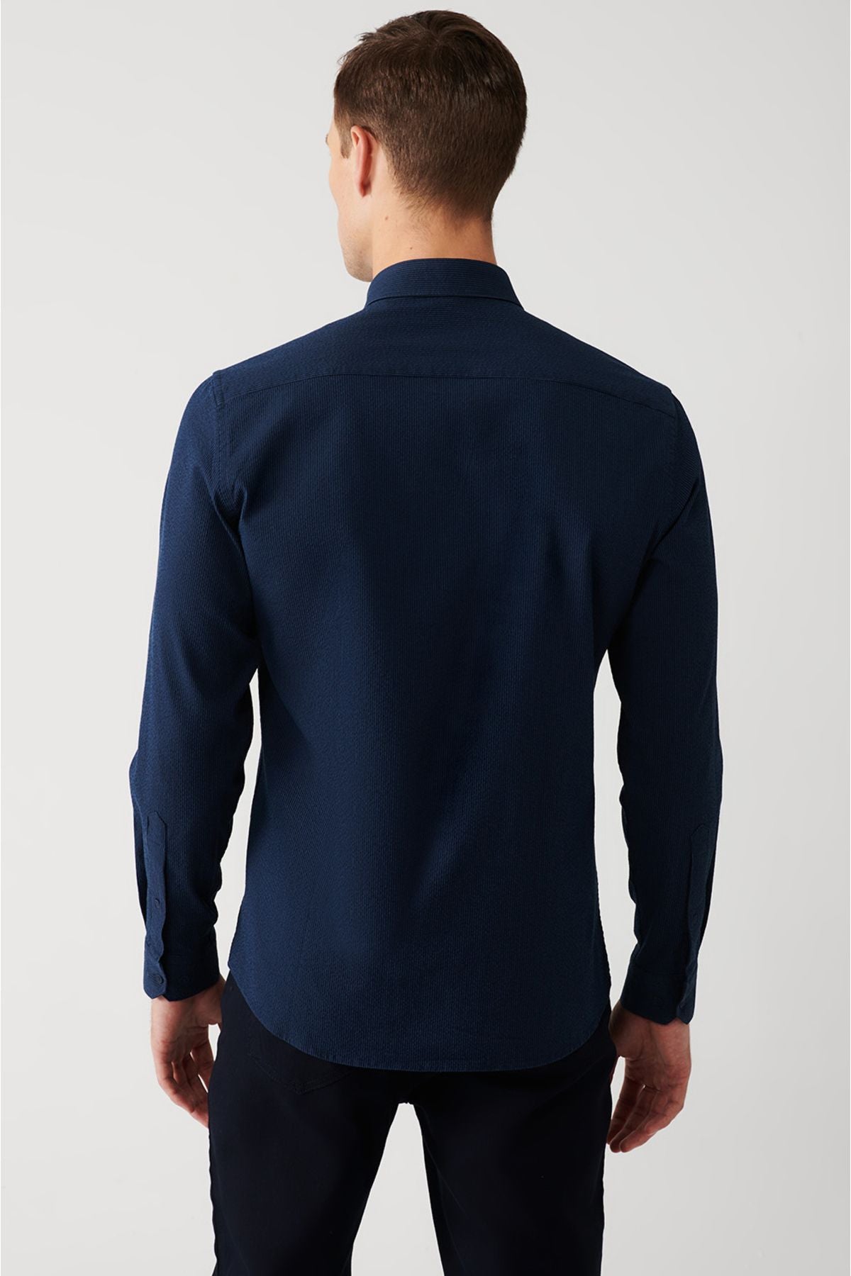 Men's navy blue striped cotton easy ironable shirt A32Y2098