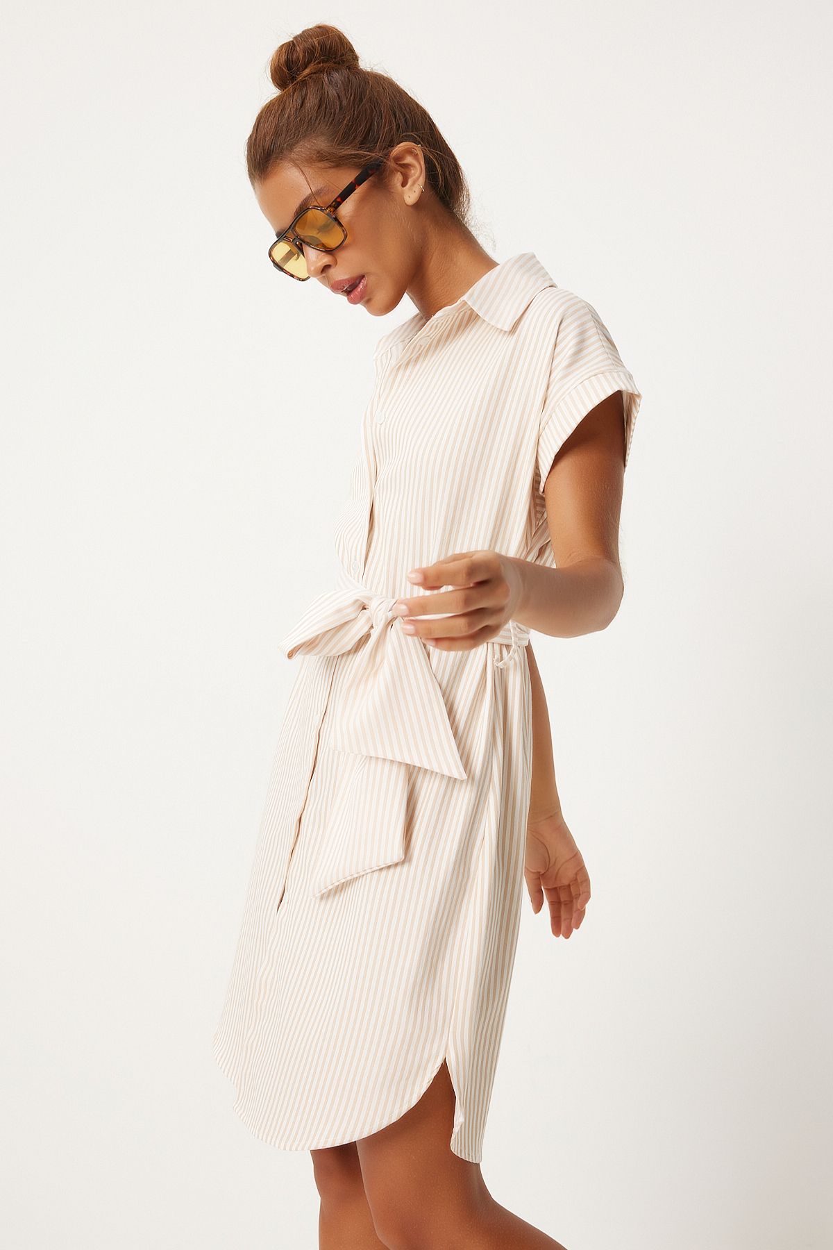 Female Beige White Belt Striped Shirt Dress FN03252