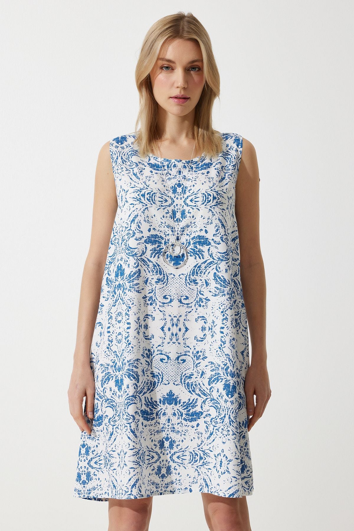 Female blue white patterned linen viscose mini dress BH00343