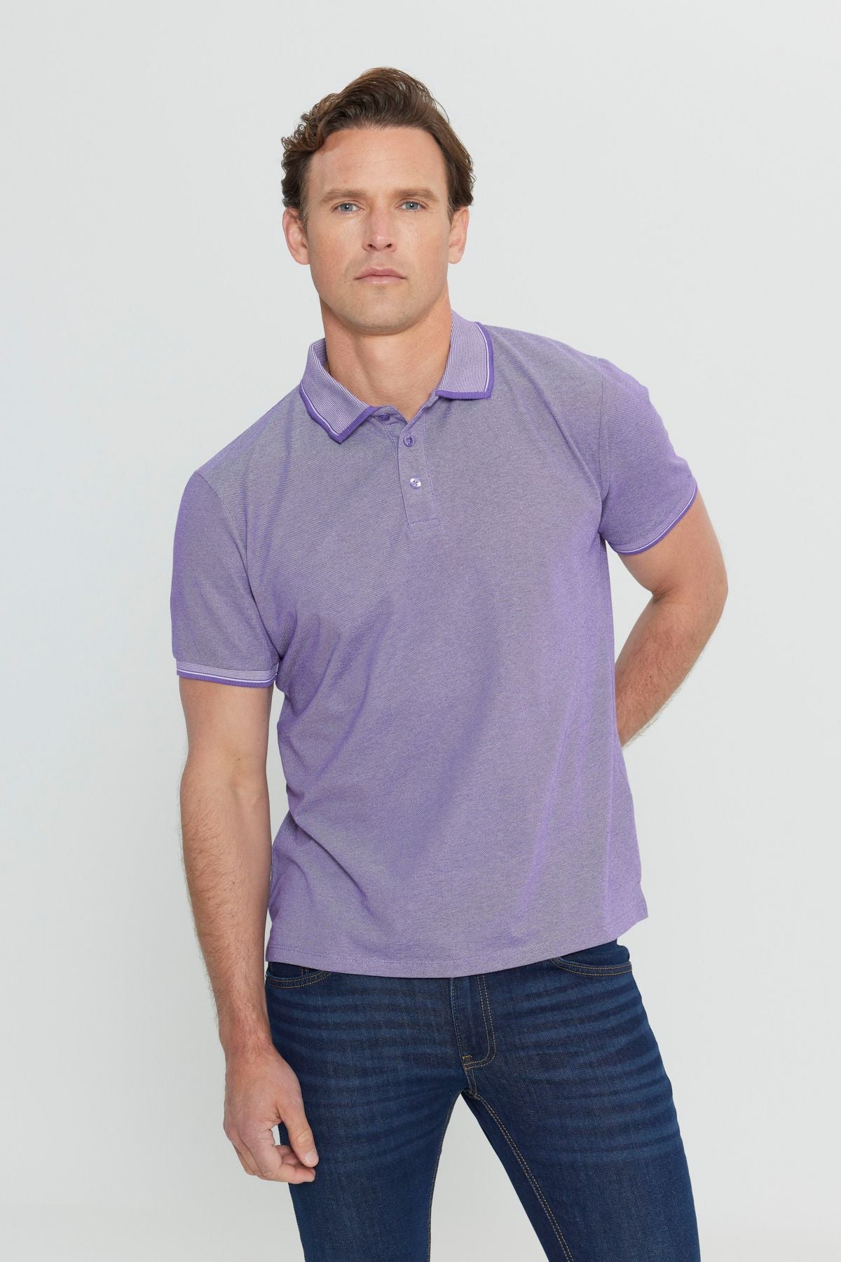 Men-Plugging Cotton Fabric Slim Fit Narrow Cut Purple-White Curlled Polo Yaka T-shirt