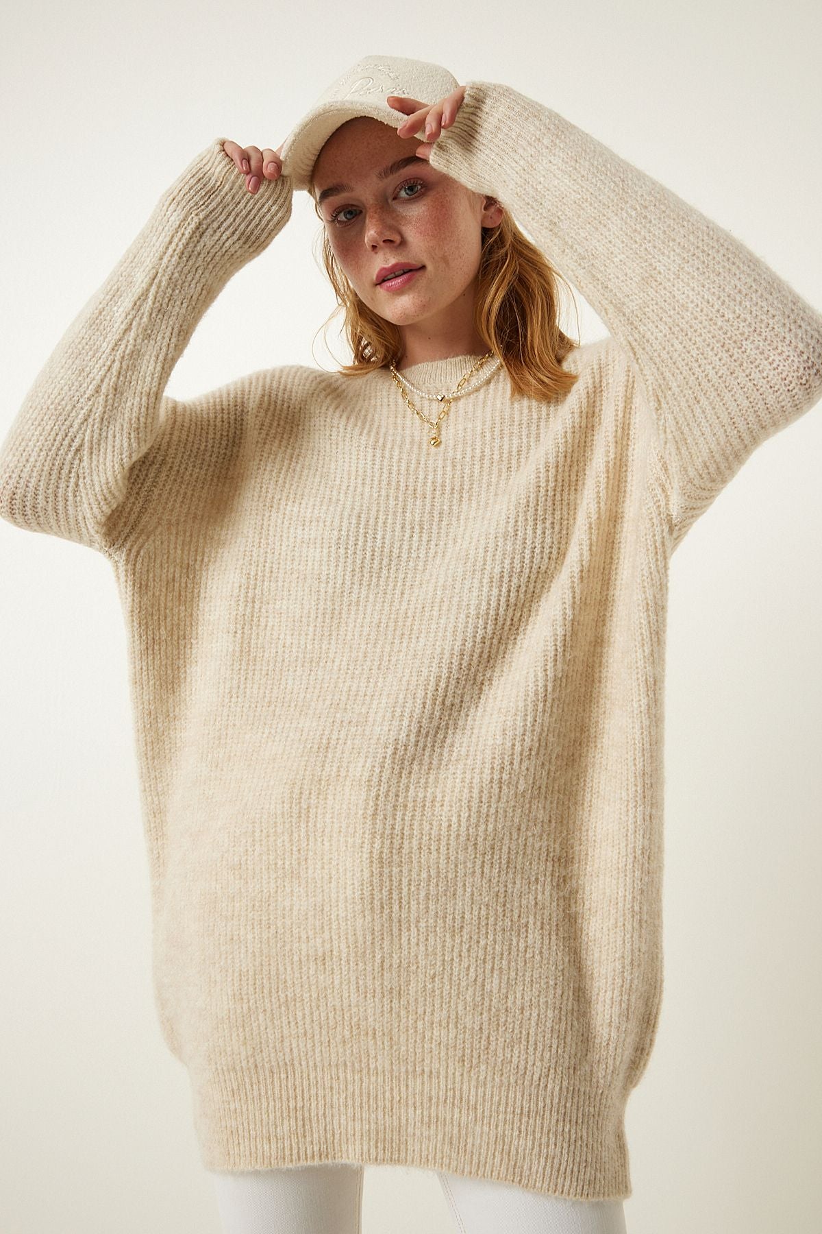 Cream Oversize Long Basic Knitwear Sweater BV00099