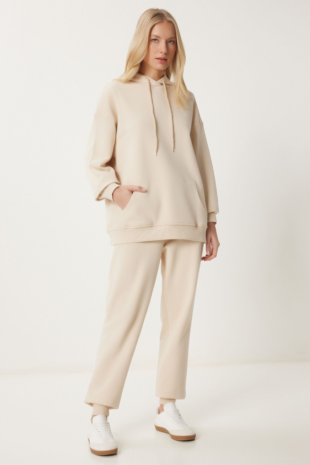 Women's Cream Hooded Sweatshirt Jogger Oversize Knitting Satatches PYS0027