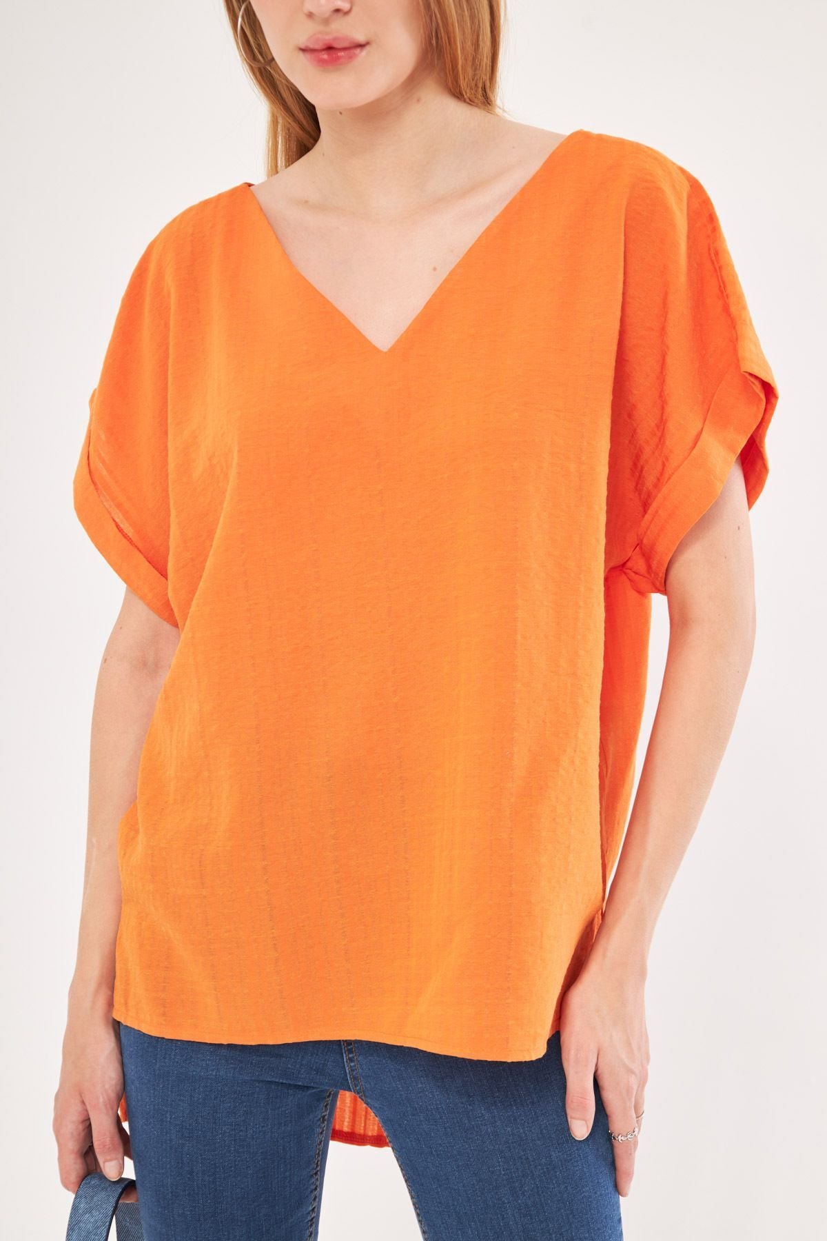 Women's Orange V-Neck Sides with Slit Long Dual Arm Detailed Oversize Blouse ARM-24Y001074