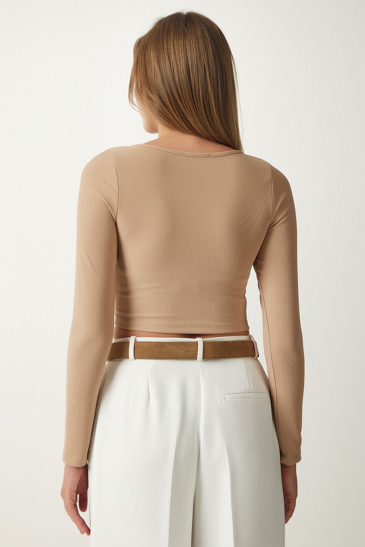 Female Beige Zippered Crop Blouse SF00006