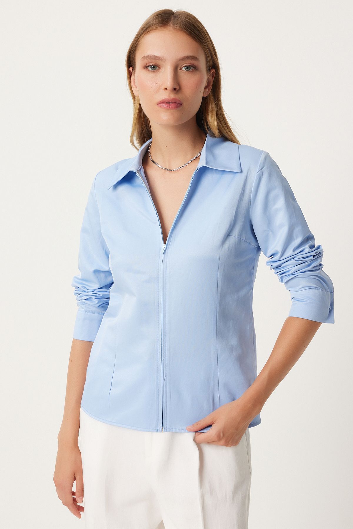 Female Sky Blue Zippered Comfortable Shirt FN03242