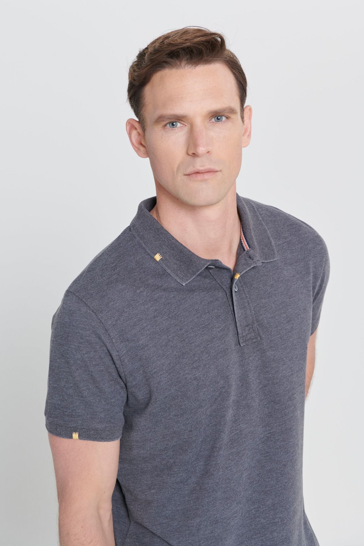 Men's anthracite slim fit narrow cut cotton embroidery detailed Polo Yaka T -shirt