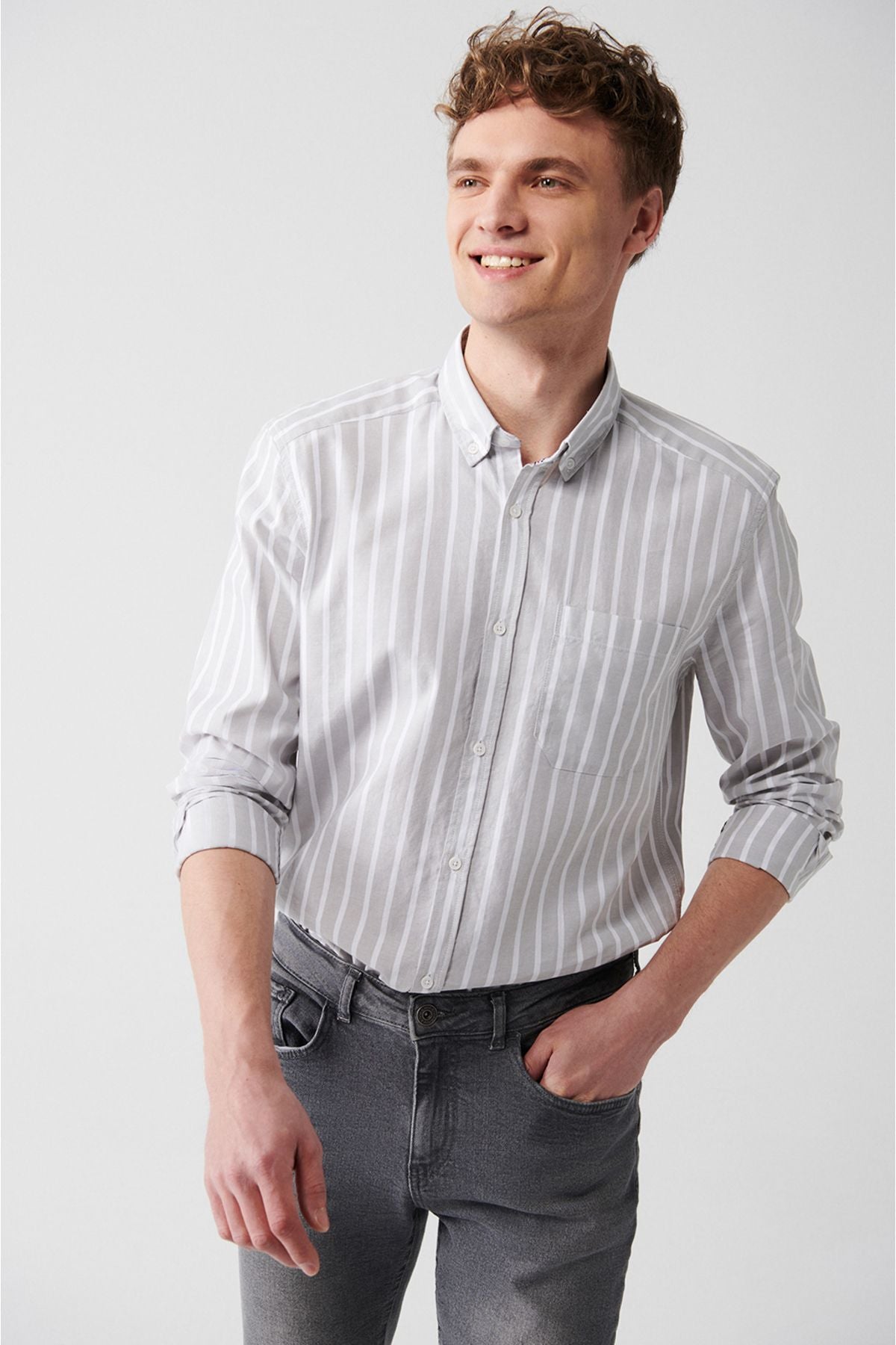 Men's Gray 100 %Cotton Oxford striped shirt A31y2055