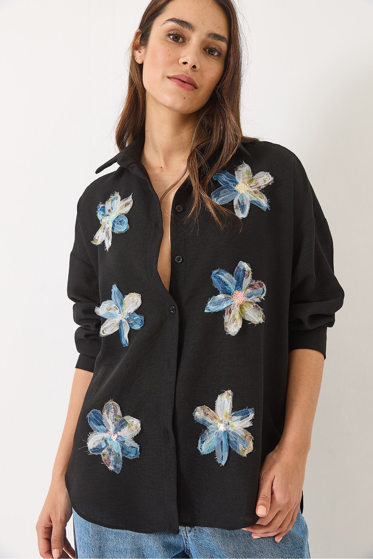 Women's Tulle Flower Accessory Long Sleeve Cotton Shirt 6526 60283057