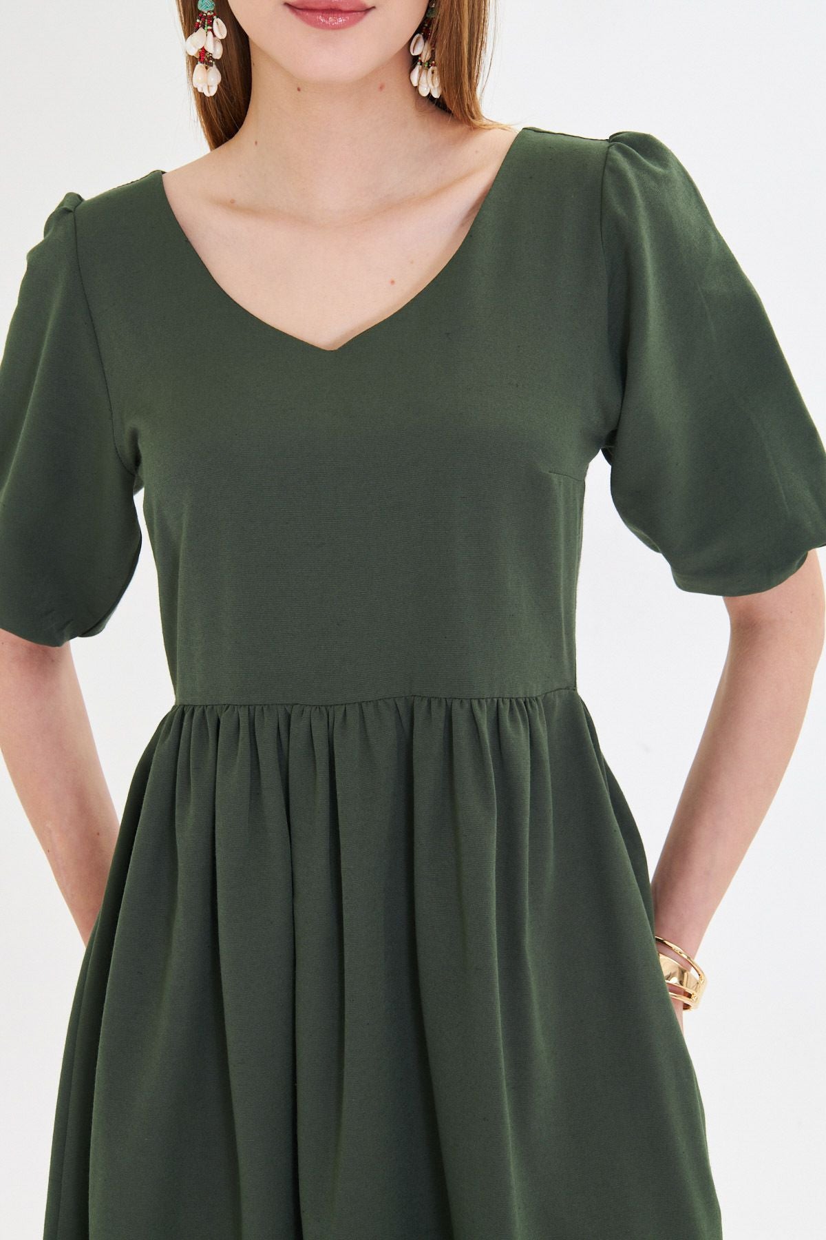 Woman Khaki U collar arms with rubber waist shirred midi size dress ARM-25Y001003