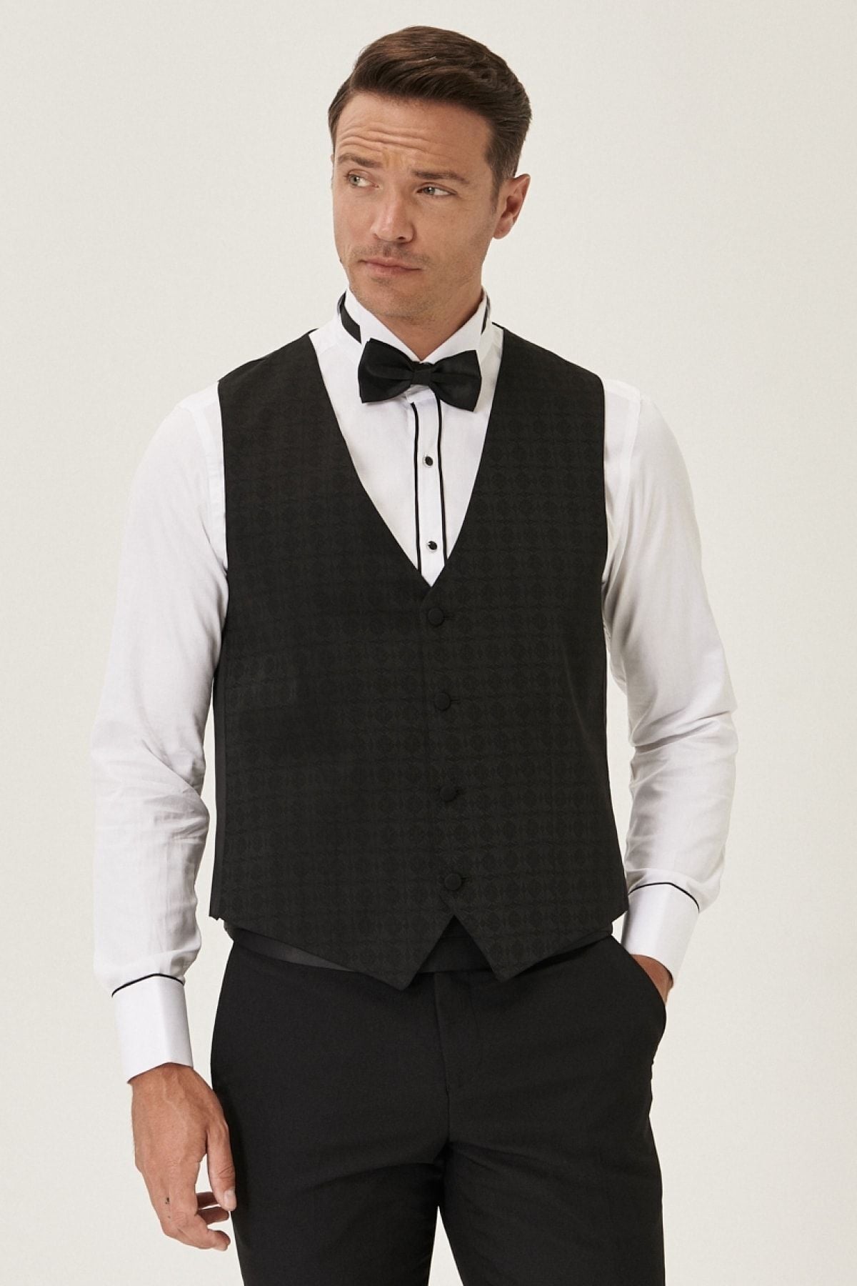 Men's Black Extra Slim Fit Patterned Patterned Patterned Tuxedo with Patterned Vest Vora