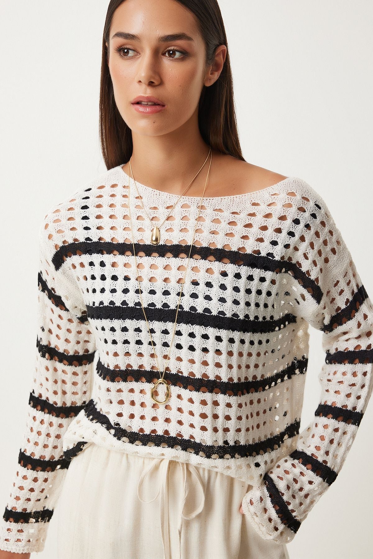 Female Black Ecru Striped Triko Blouse FN03212