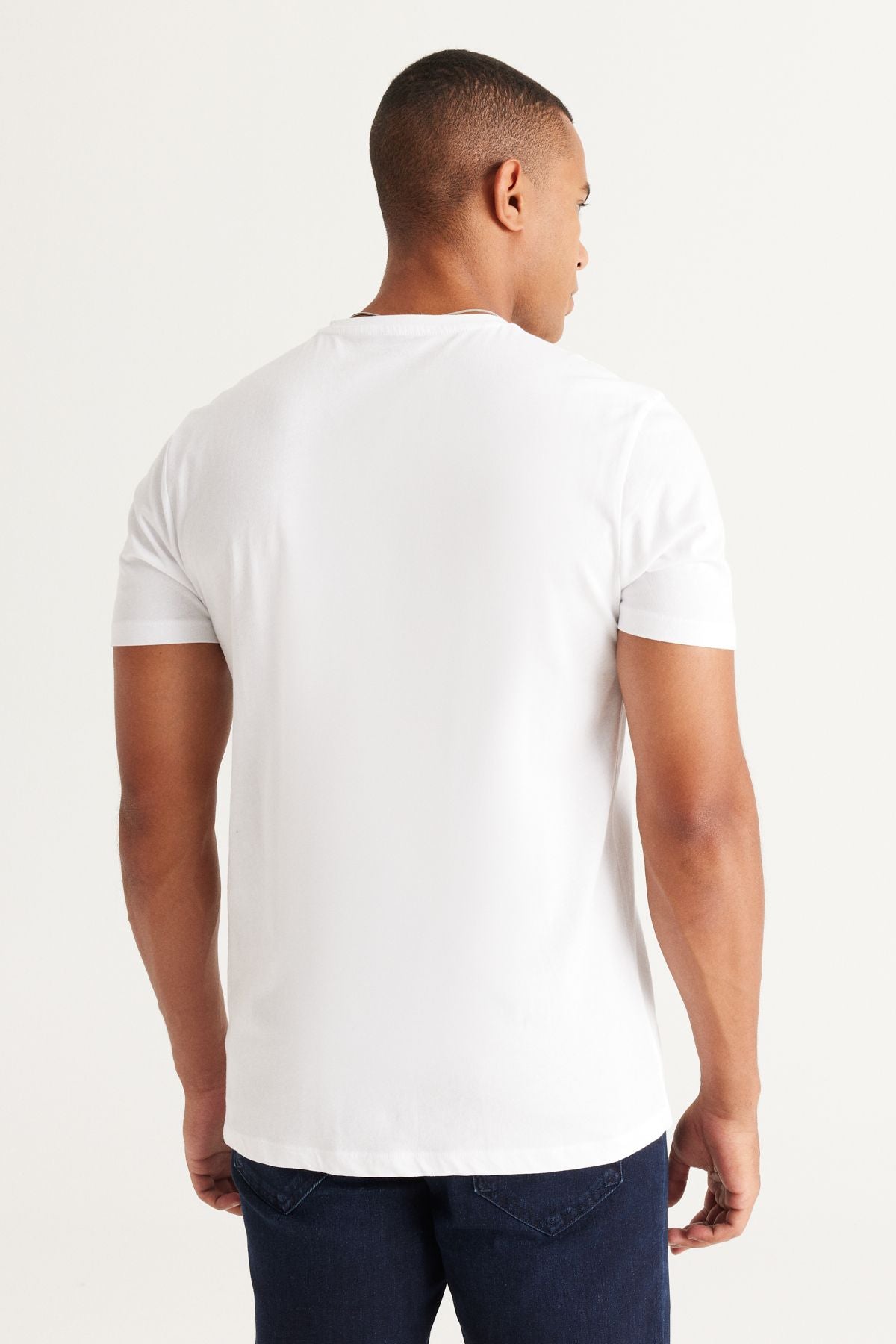 Men's White-Haki 2 V-Neck 100 %Cotton Slim Fit Narrow Cut Basic T-shirt