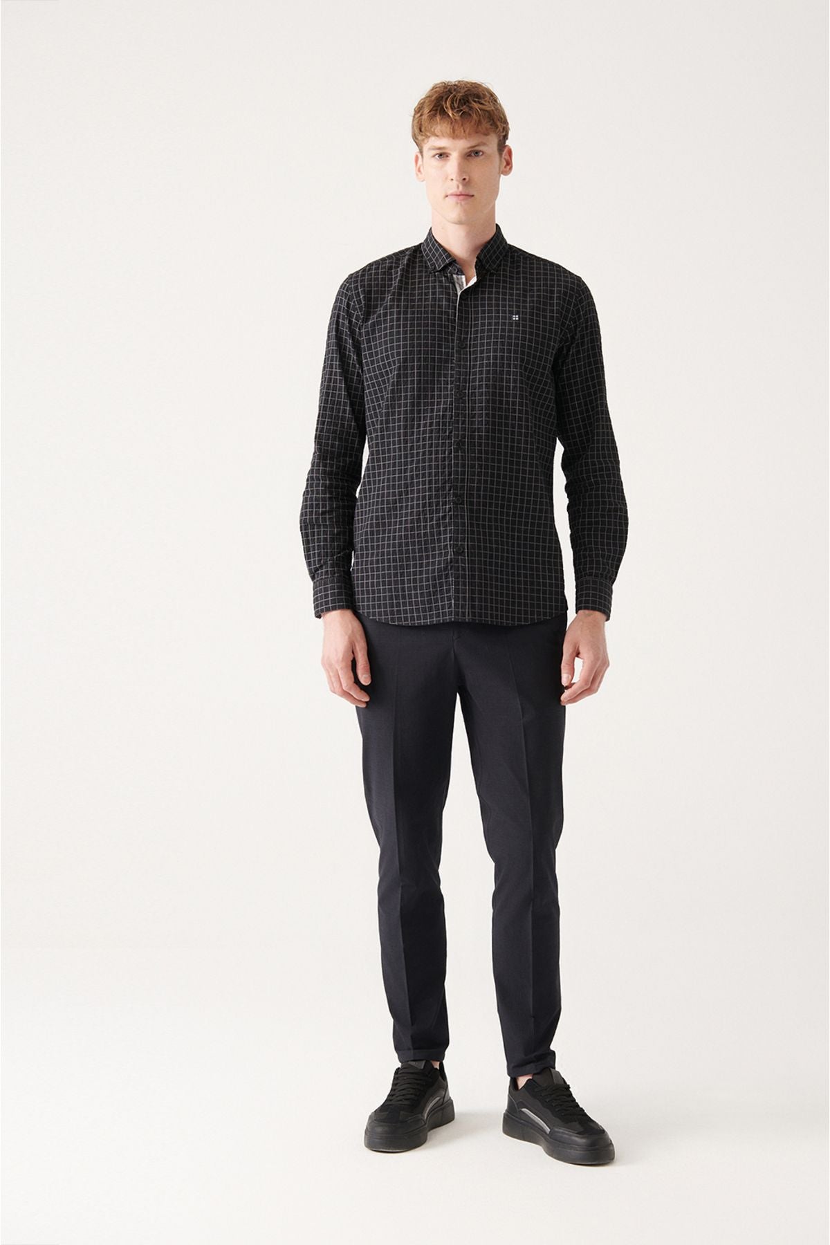 Men's Black Seersucker Cotton Plaid Patterned Shirt A31y2214