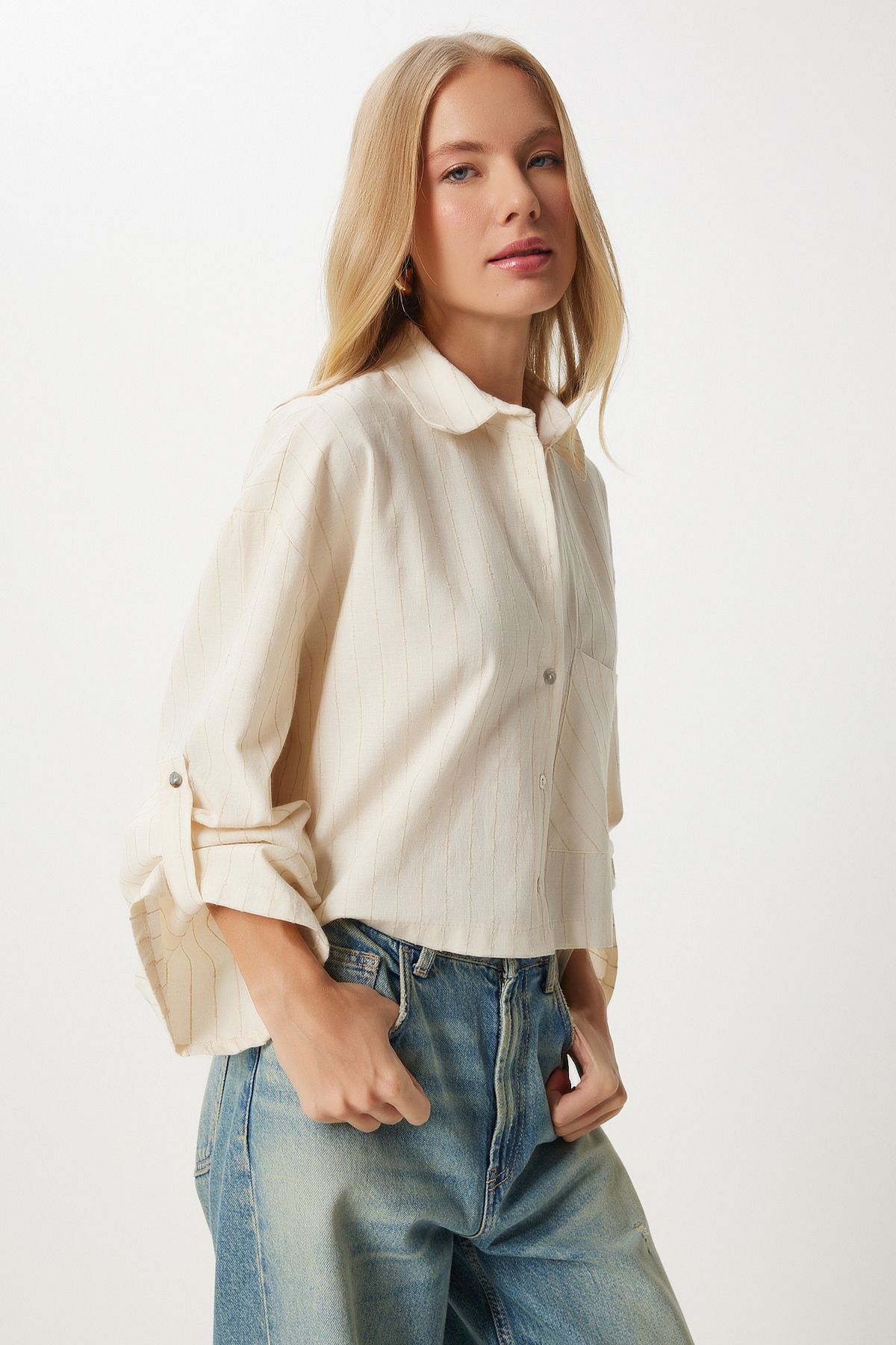 Women's Cream Fine striped Crop ogin shirt DM00140