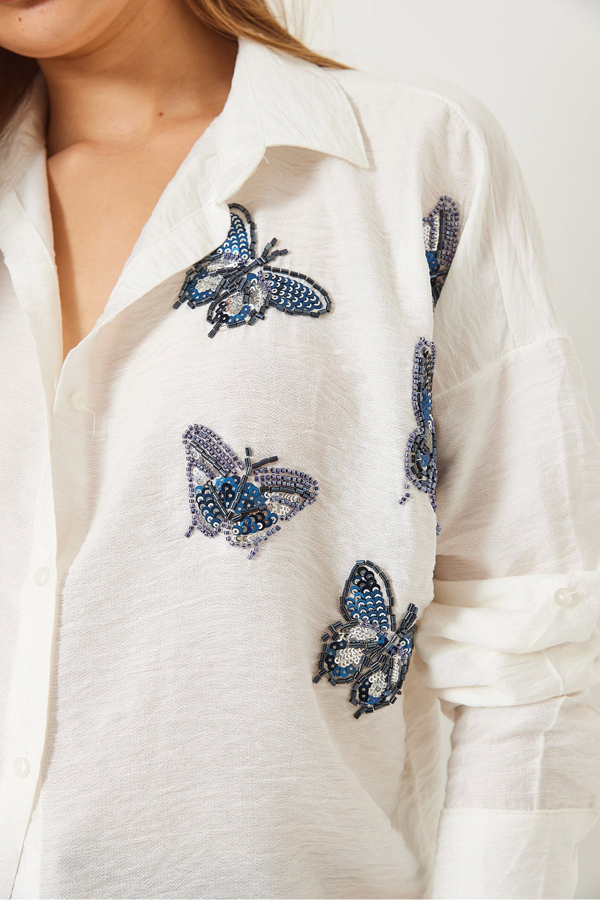 Women's Butterfly Bead Stone Embroidered Aerobin Oversize Shirt 60283030