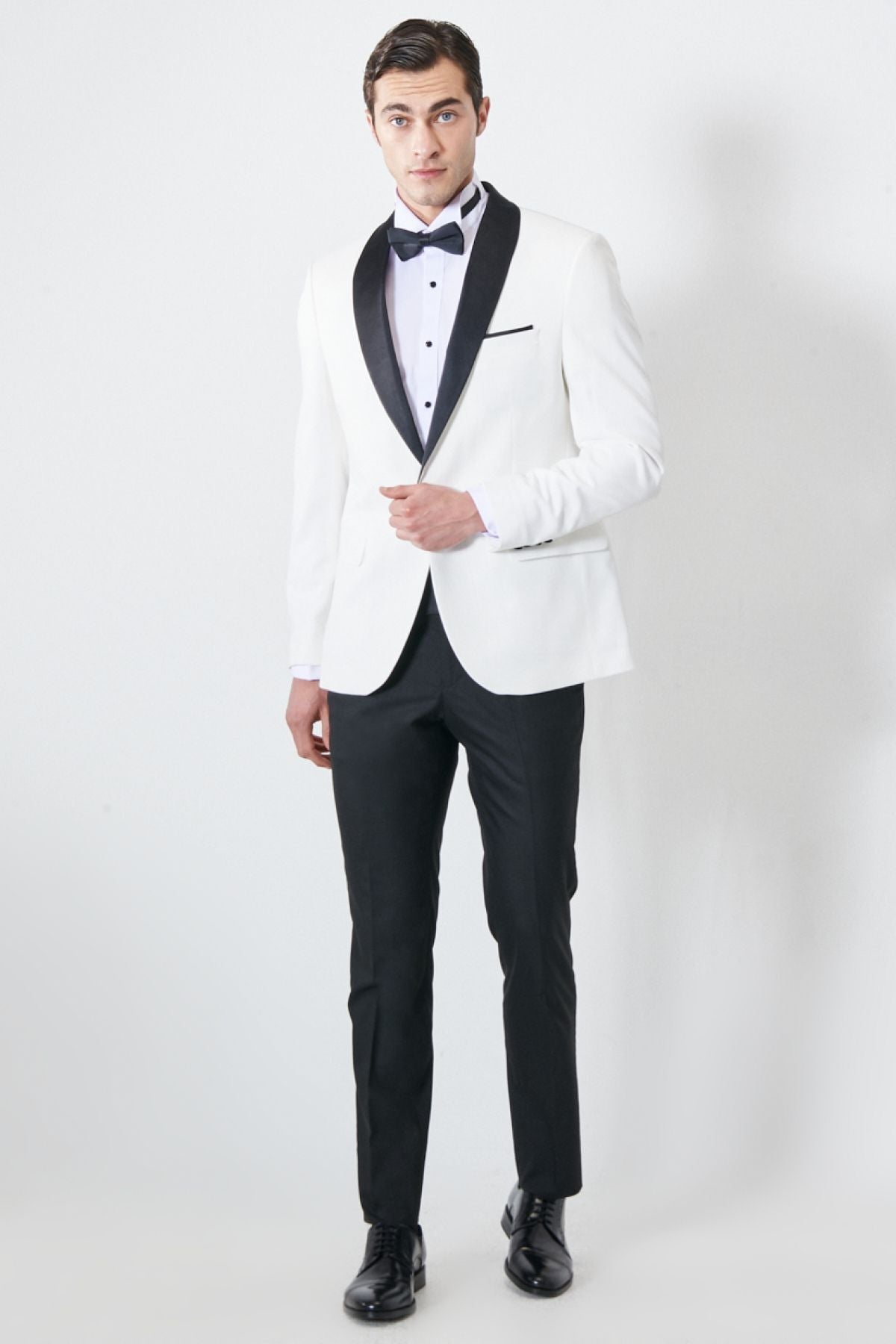 Men's white-black slim fit narrow cut shawl collar pattern classic tuxedo set