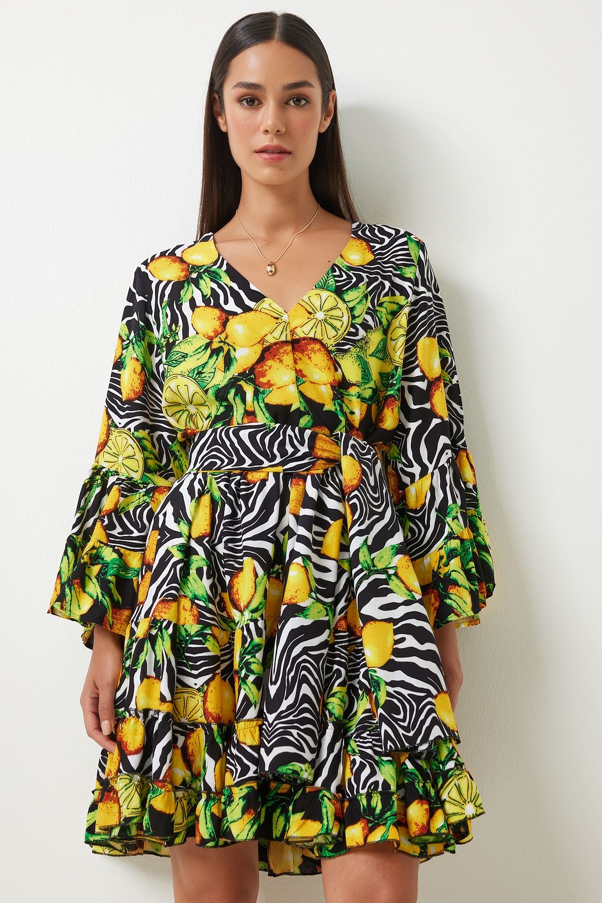 Woman Yellow Black Patterned Summer plenty of viscose dress FN03200
