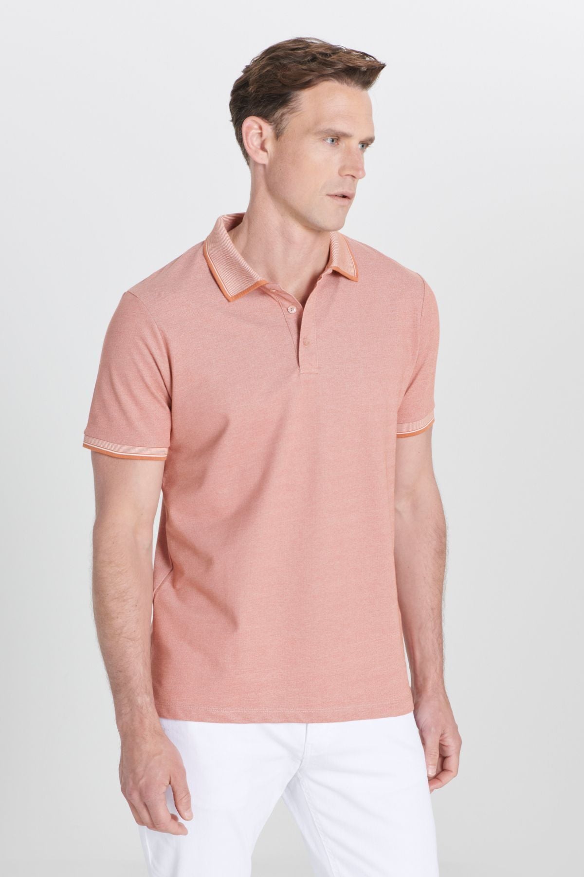 Men-Plugging Cotton Fabric Slim Fit Narrow Cutting Tile-Bej Curled Polo Yaka T-shirt
