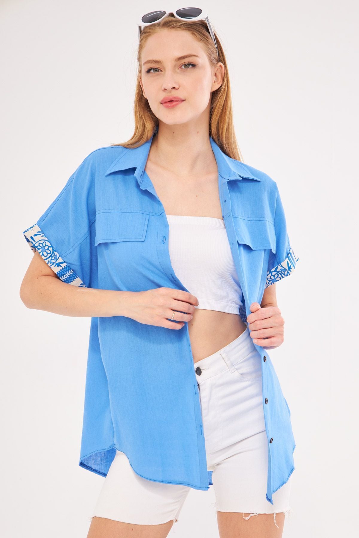 WOMEN BABY BLUE BLUE DUPLE ARM DETAILED SHIRT ARM-24Y001075